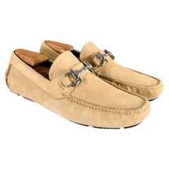 SALVATORE FERRAGAMO Size 8 Beige Silver Suede Drivers Loafers