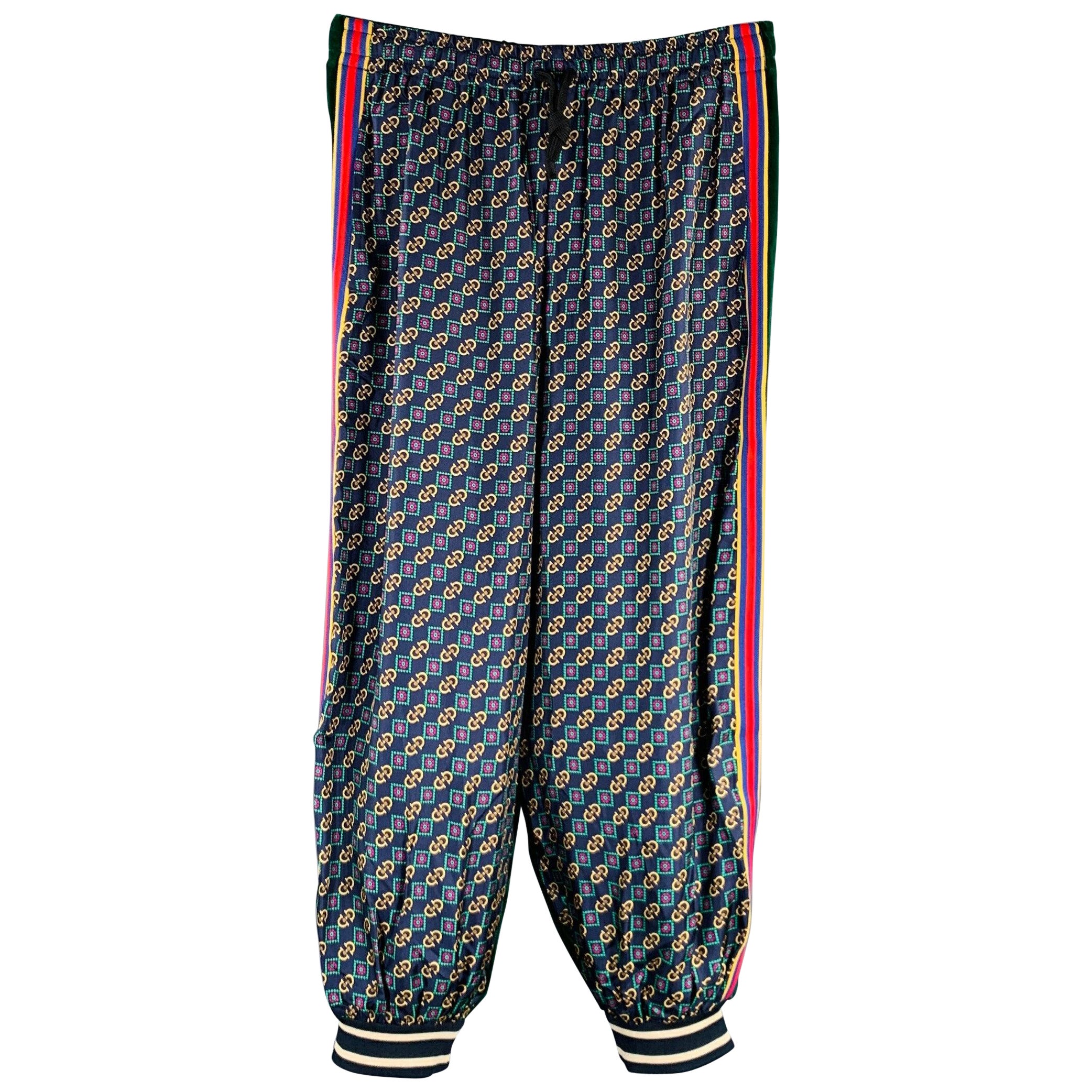 GUCCI 2019 Size S Green Blue Monogram Silk Joggers Casual Pants For Sale