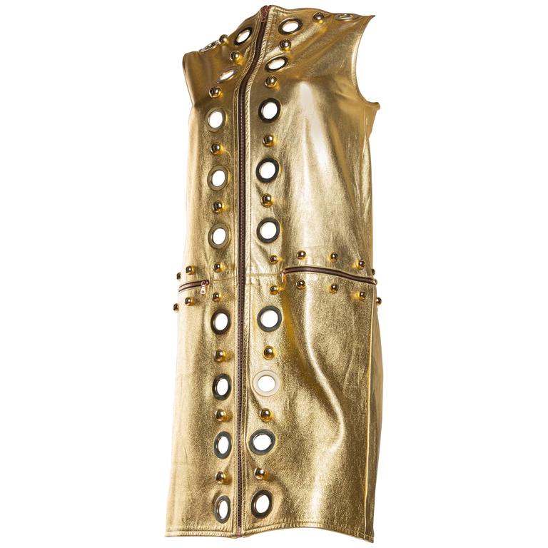Studded Gold Leather Mod Zipper Dress For Sale at 1stdibs