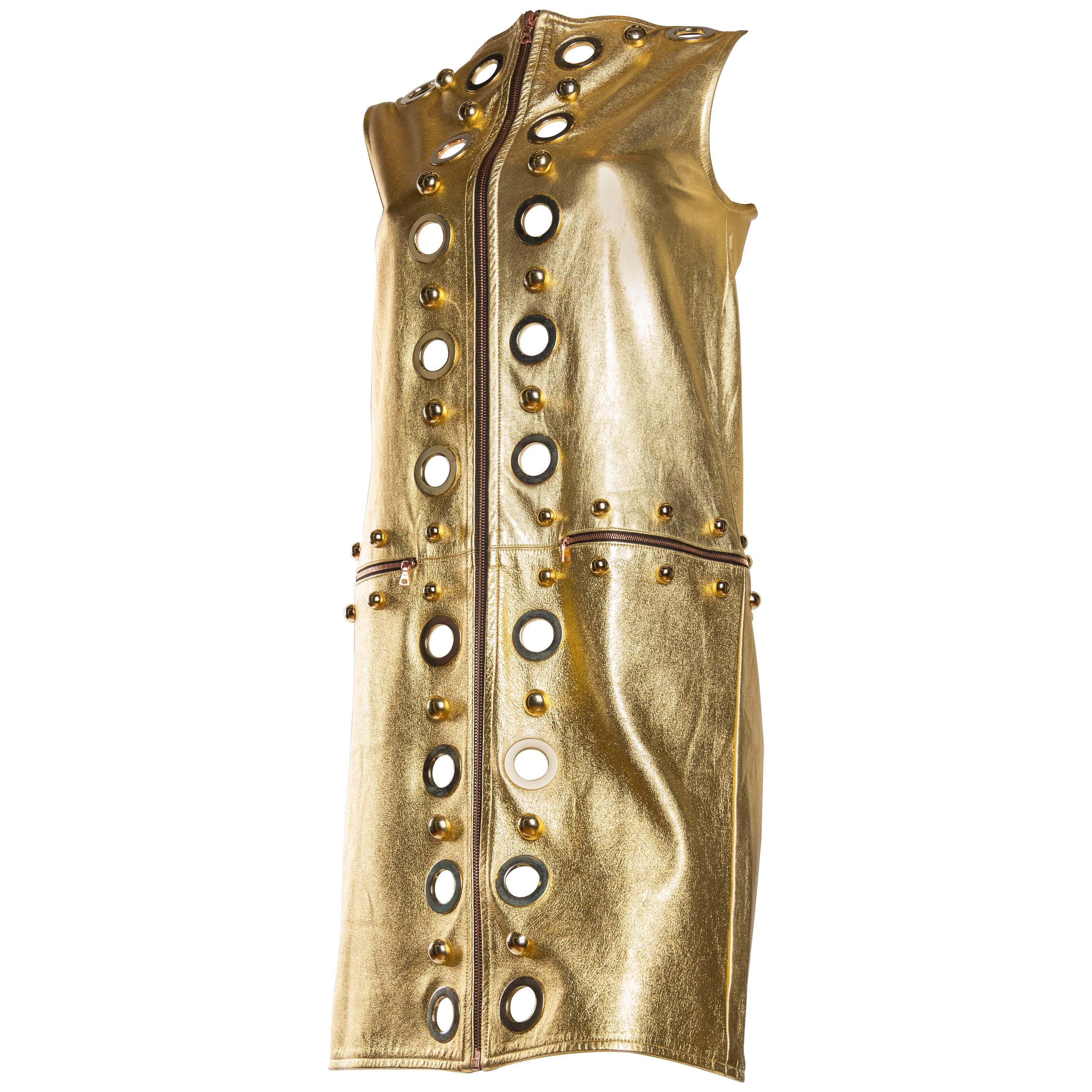 Studded Gold Leather Mod Zipper Dress