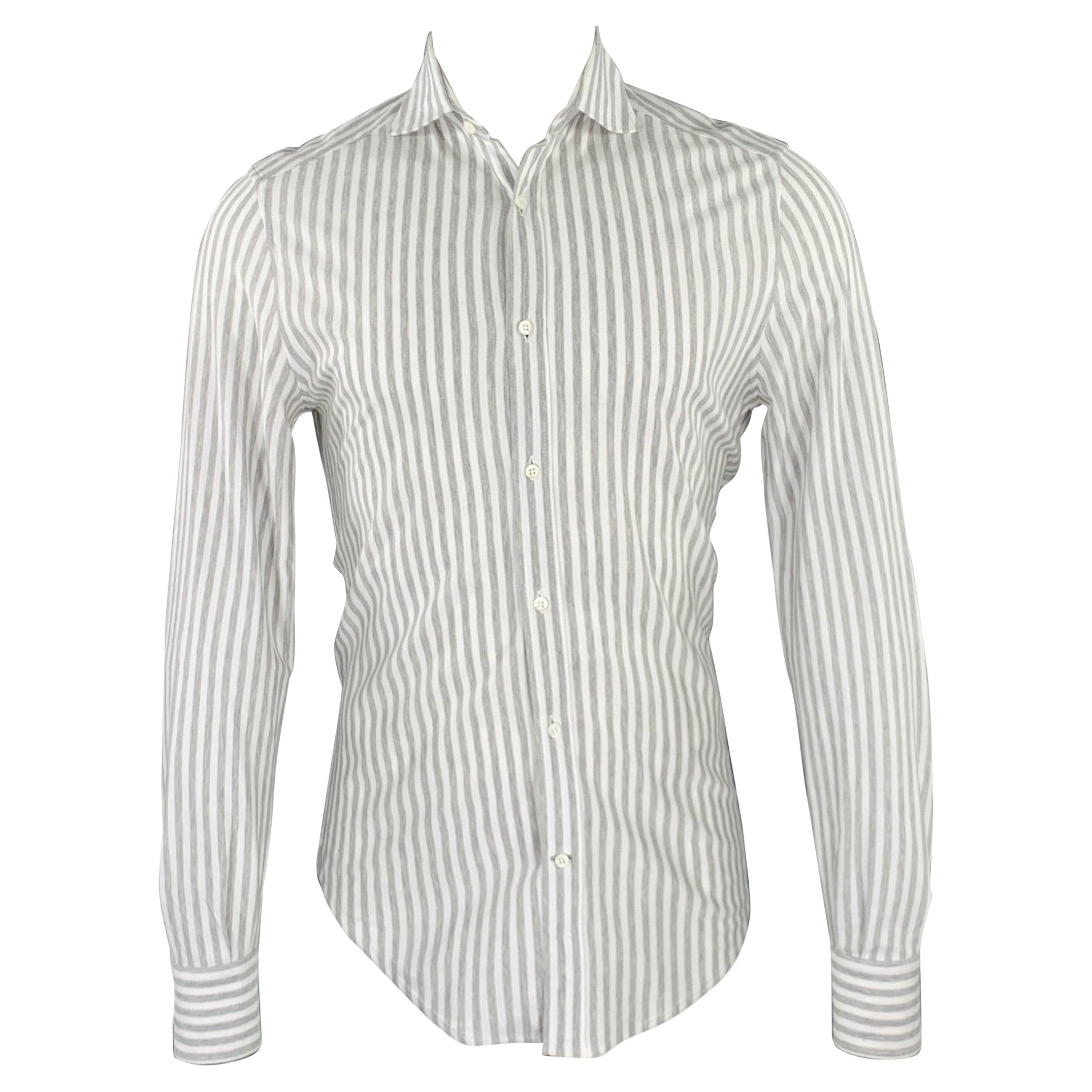 BRUNELLO CUCINELLI Size 36 White Grey Stripe Long Sleeve Shirt For Sale