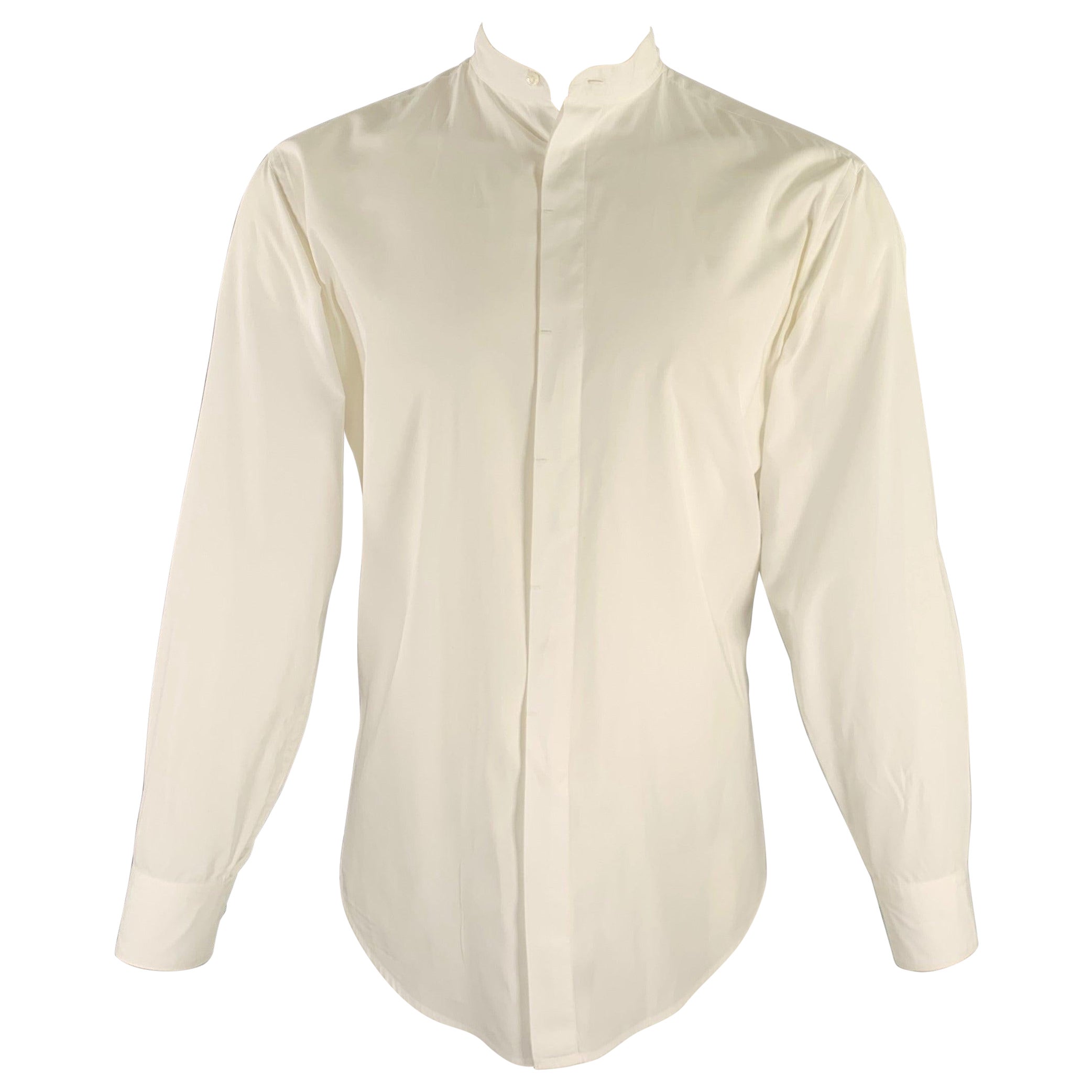 DONNA KARAN Size M White Cotton Collarless Long Sleeve Shirt For Sale