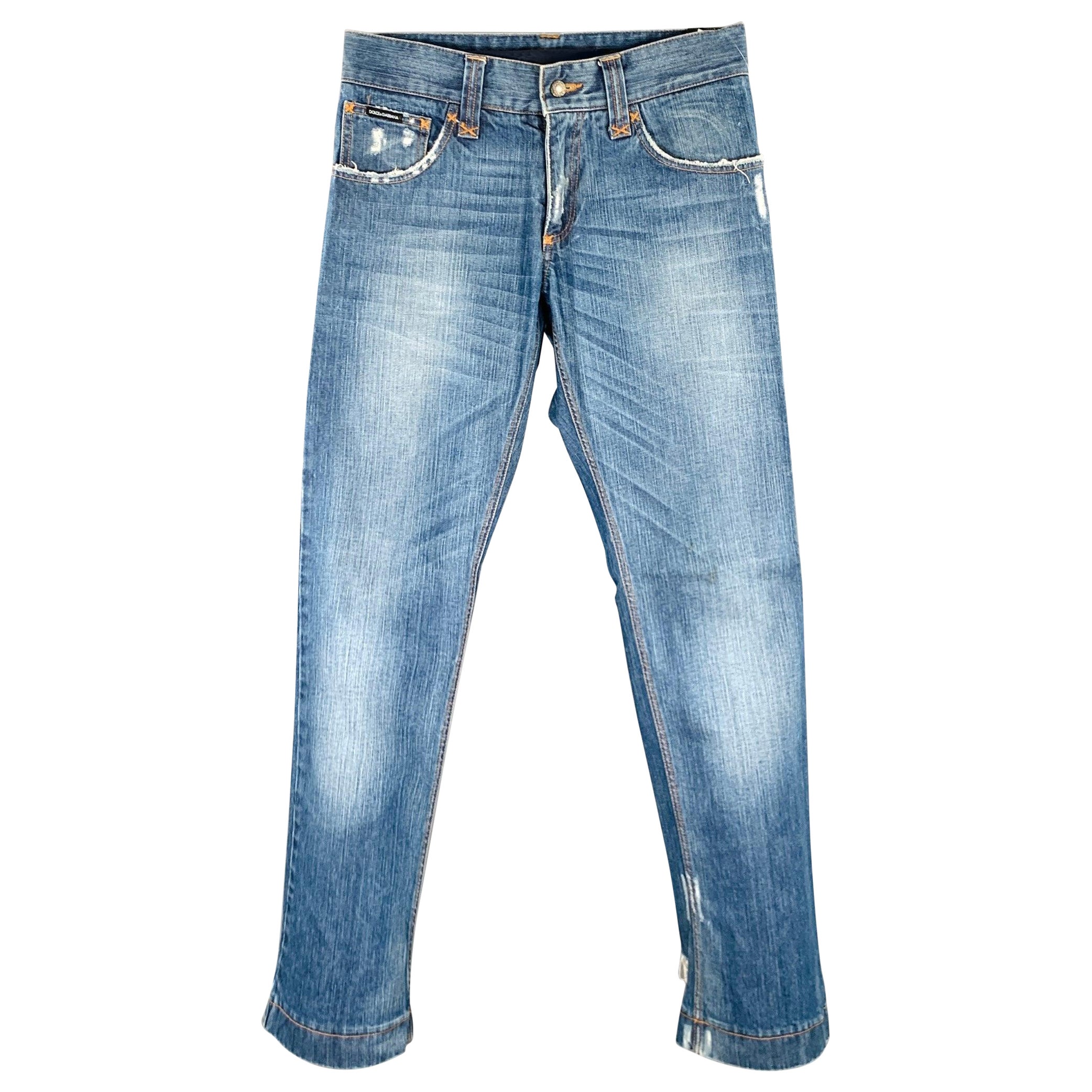 DOLCE & GABBANA Size 28 Blue Distressed Cotton Jeans For Sale