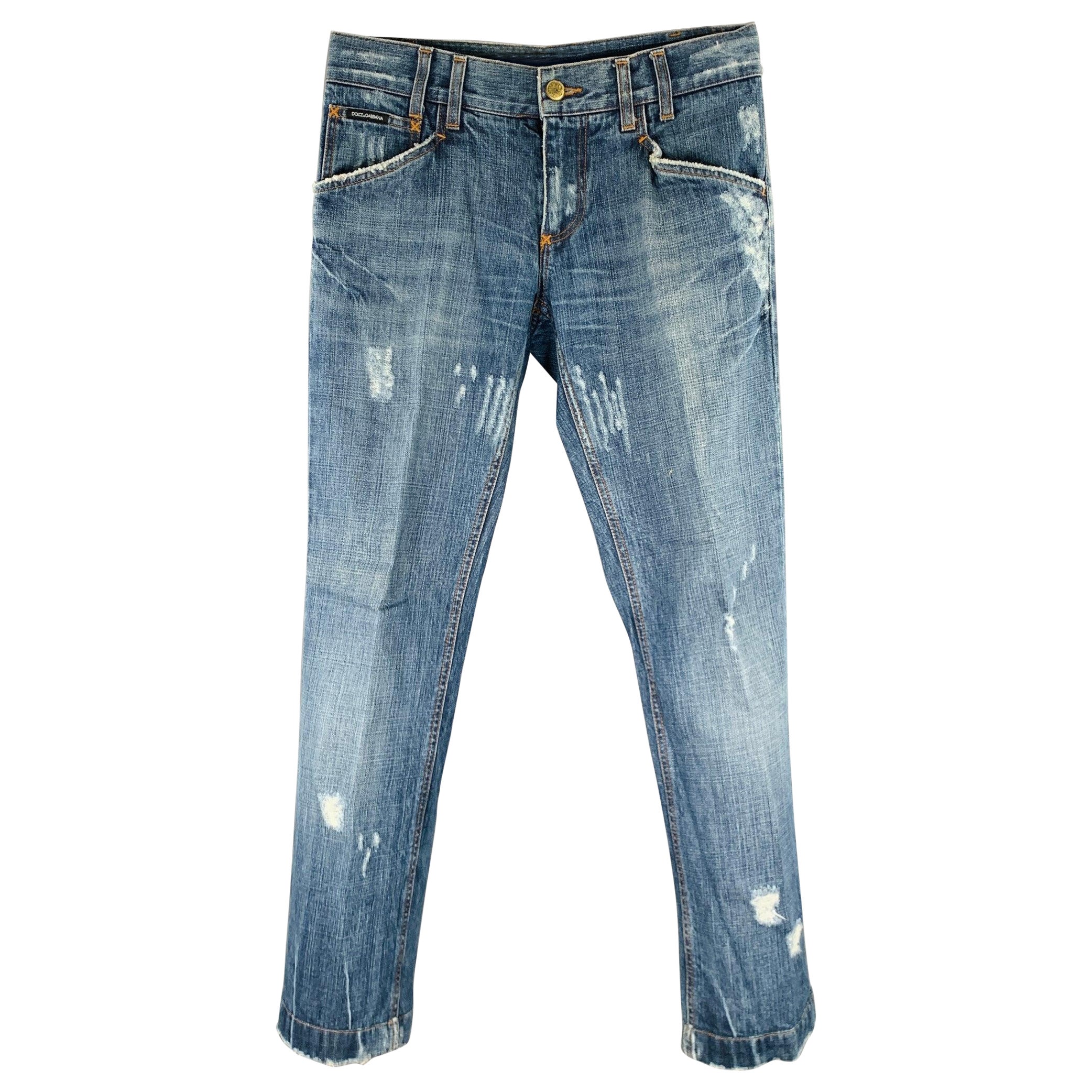DOLCE & GABBANA Size 32 Blue Distressed Cotton Jeans For Sale