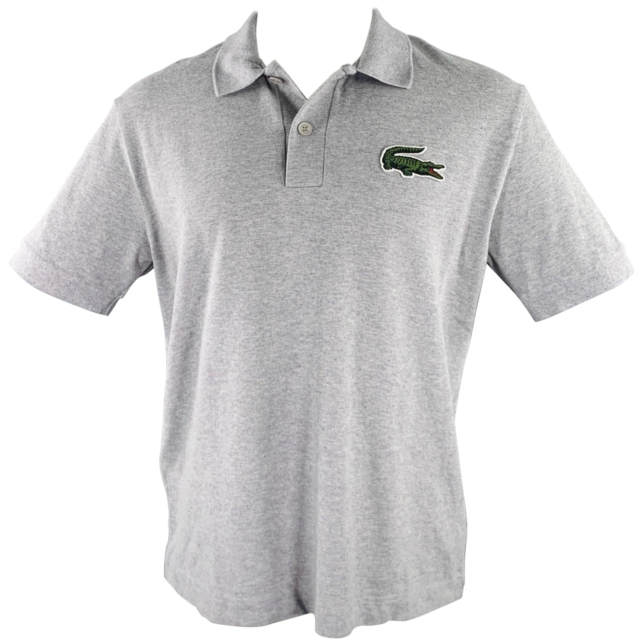 LACOSTE Size M Grey Cotton Loose Fit Large Patch Polo For Sale