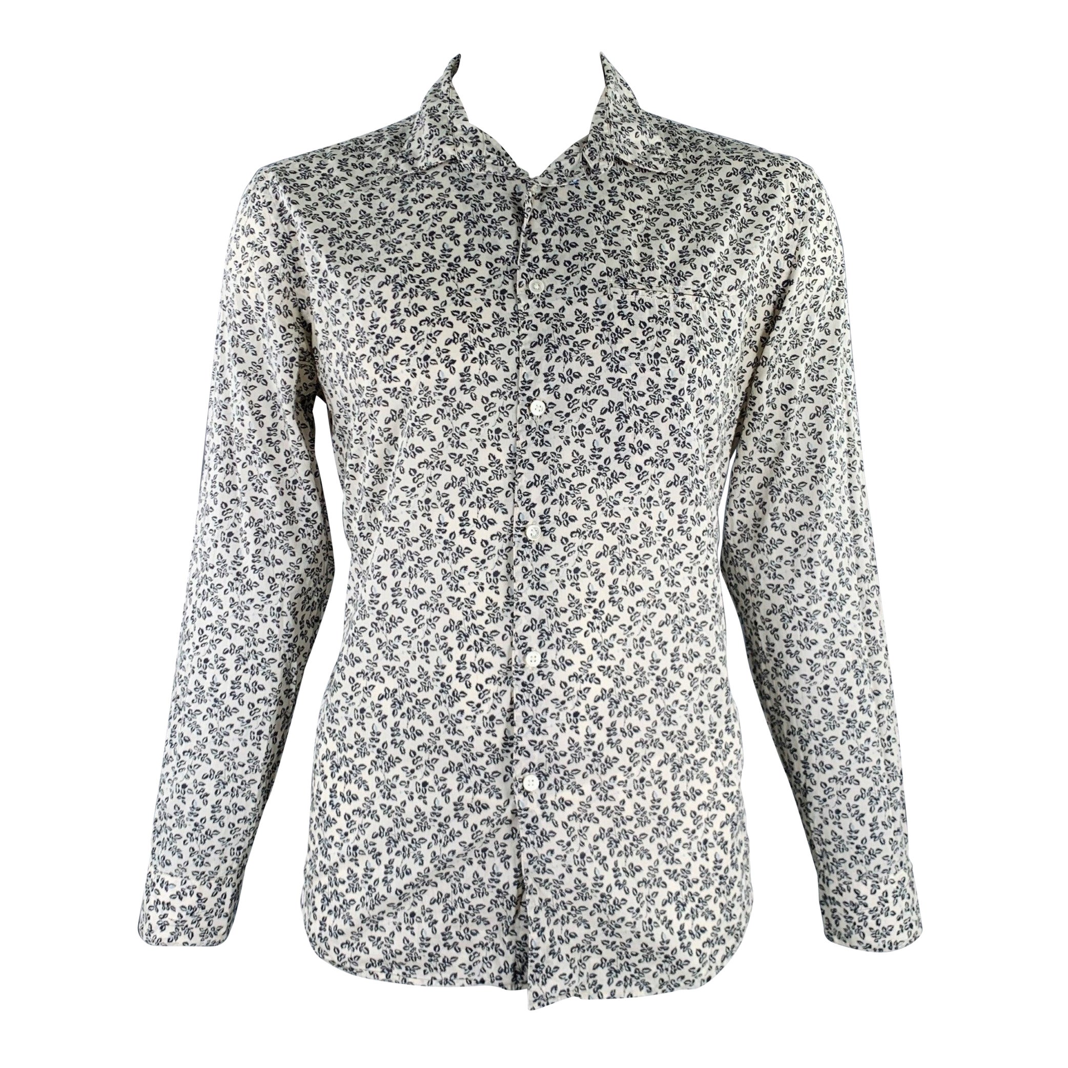 JOHN VARVATOS Größe L Off-White Navy Leaves Cotton One Pocket Long Sleeve Shirt im Angebot