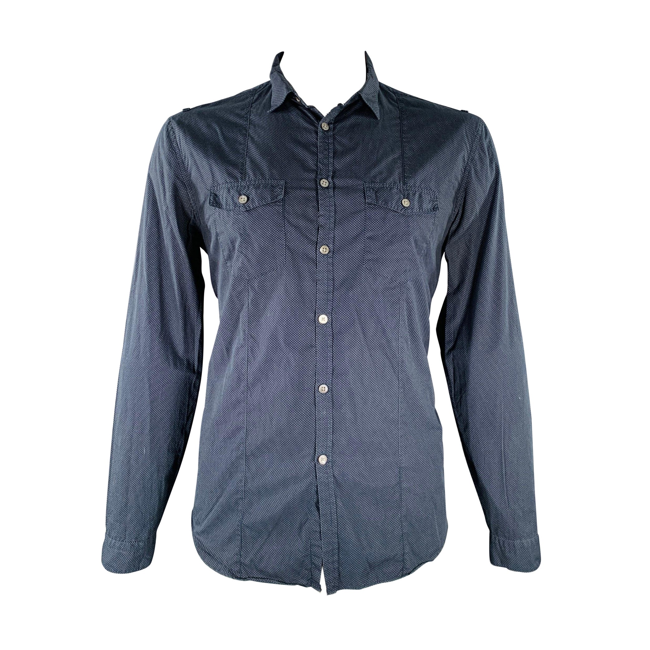 JOHN VARVATOS Size L Navy White Nailhead Cotton Patch Pocket Long Sleeve Shirt For Sale