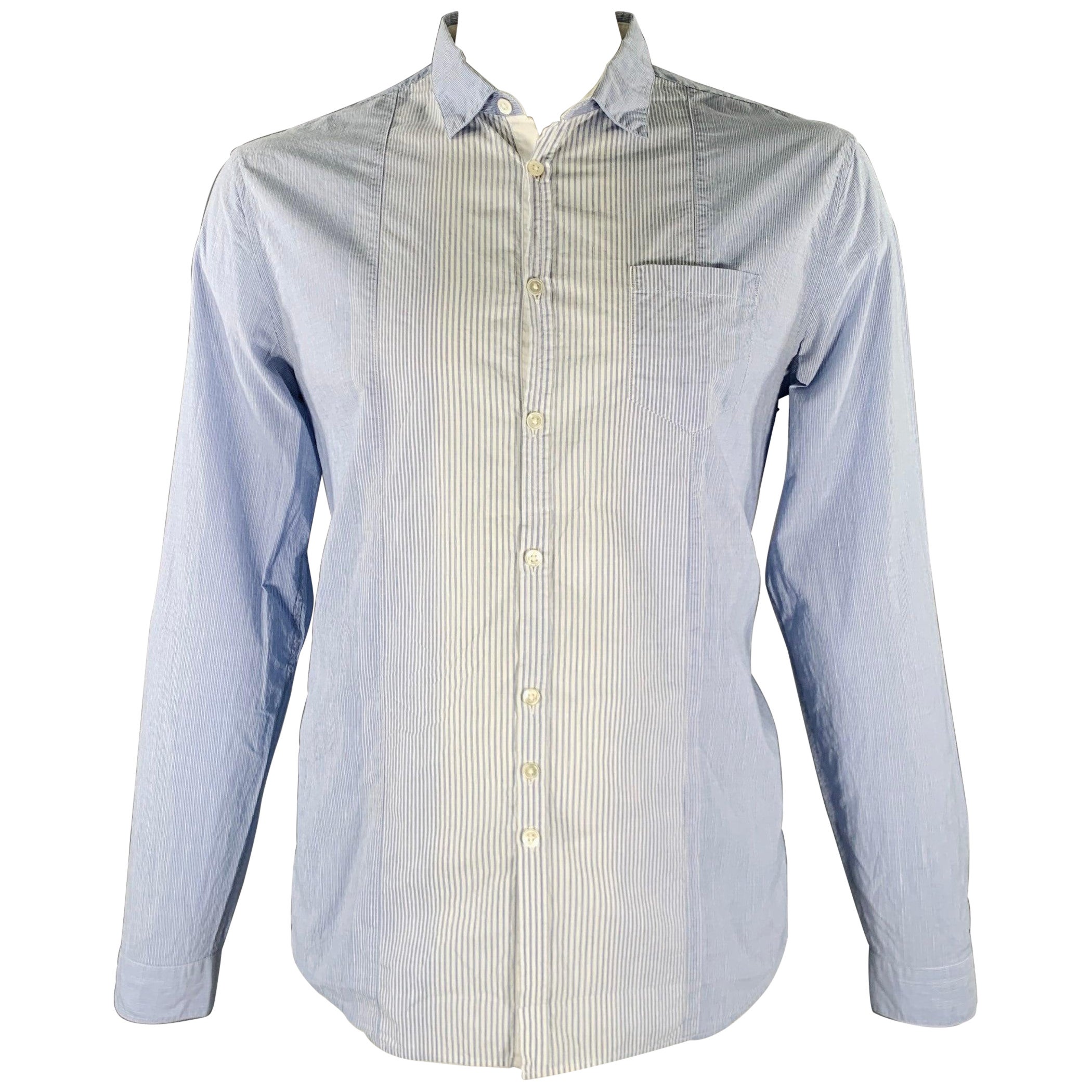 JOHN VARVATOS Size L Light Blue White Stripe Cotton Linen Long Sleeve Shirt For Sale