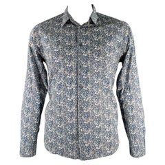 PAUL SMITH Size XL Blue White Floral Cotton Spread Collar Long Sleeve Shirt