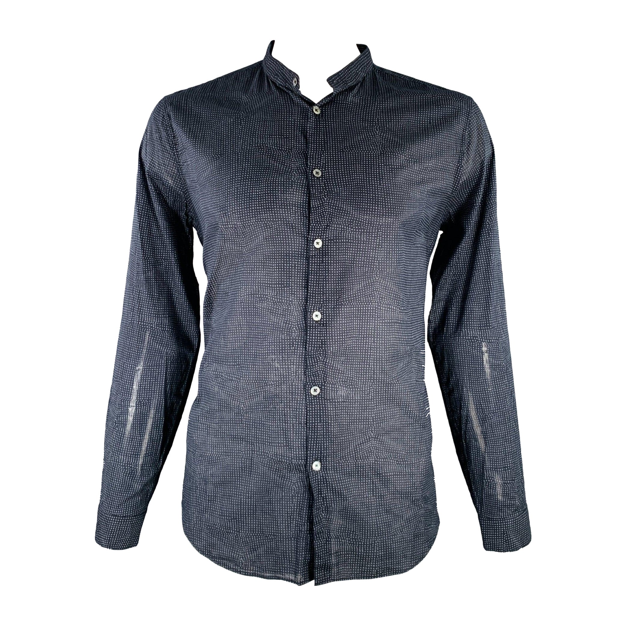 JOHN VARVATOS Size L Navy Grey Cross Cotton Collarless Long Sleeve Shirt For Sale