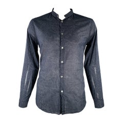 JOHN VARVATOS, chemise à manches longues sans col en coton gris marine et gris croisé, taille L