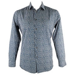 PAUL SMITH Size L Blue White Floral Cotton Spread Collar Long Sleeve Shirt