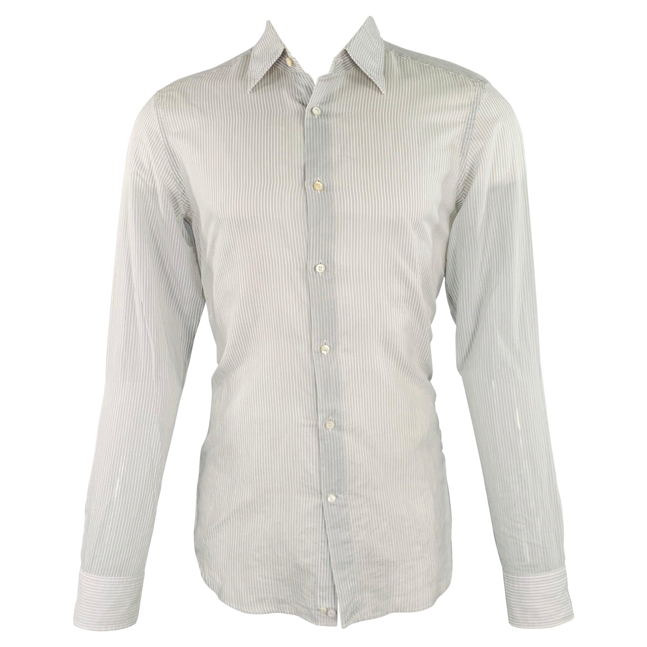 HUGO BOSS Size S White Light Blue Stripe Cotton Silk Long Sleeve Shirt For Sale