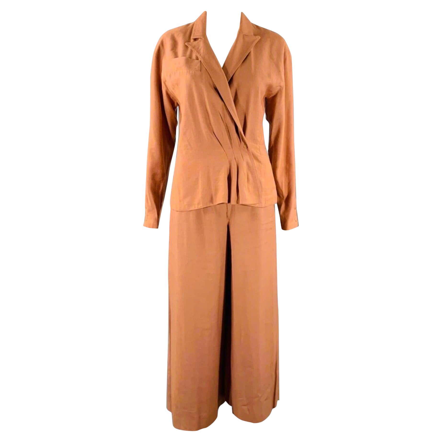 CLAUDE MONTANA Size 4 Brown Linen Blend Pleated Flat Front Pants Suit