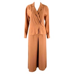 CLAUDE MONTANA Size 4 Brown Linen Blend Pleated Flat Front Pants Suit
