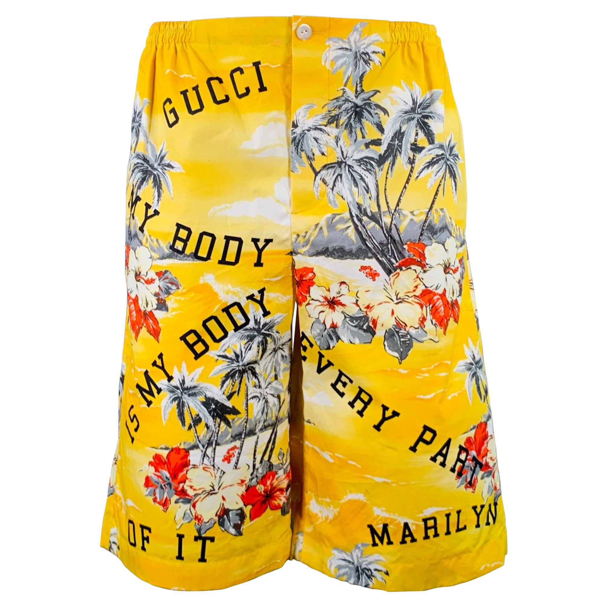 GUCCI Größe 30 Gelbe mehrfarbige Hawaiianische Bermudaschürtel aus Baumwolle