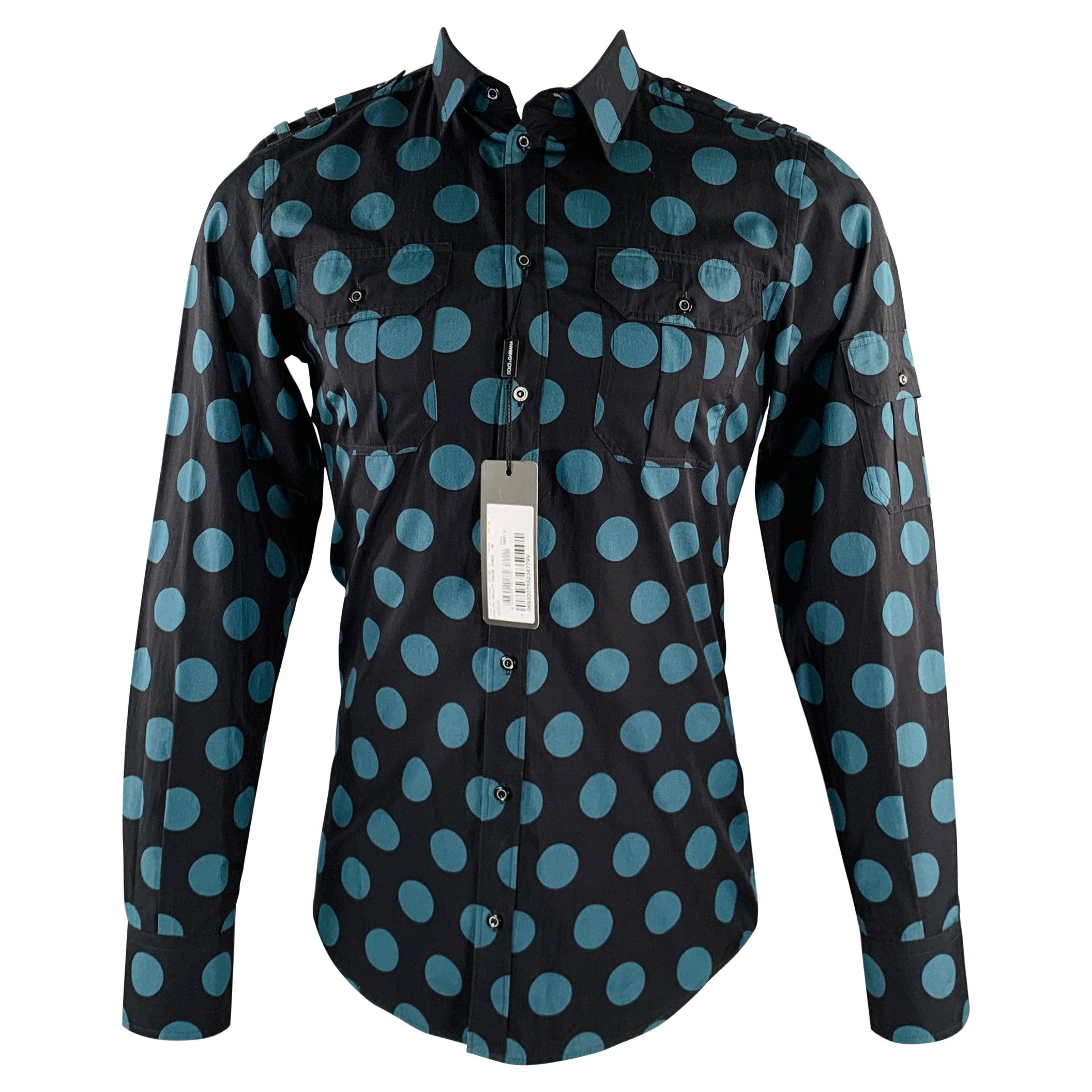 DOLCE & GABBANA Size 38 Black Blue Dots Cotton Epaulettes Long Sleeve Shirt For Sale