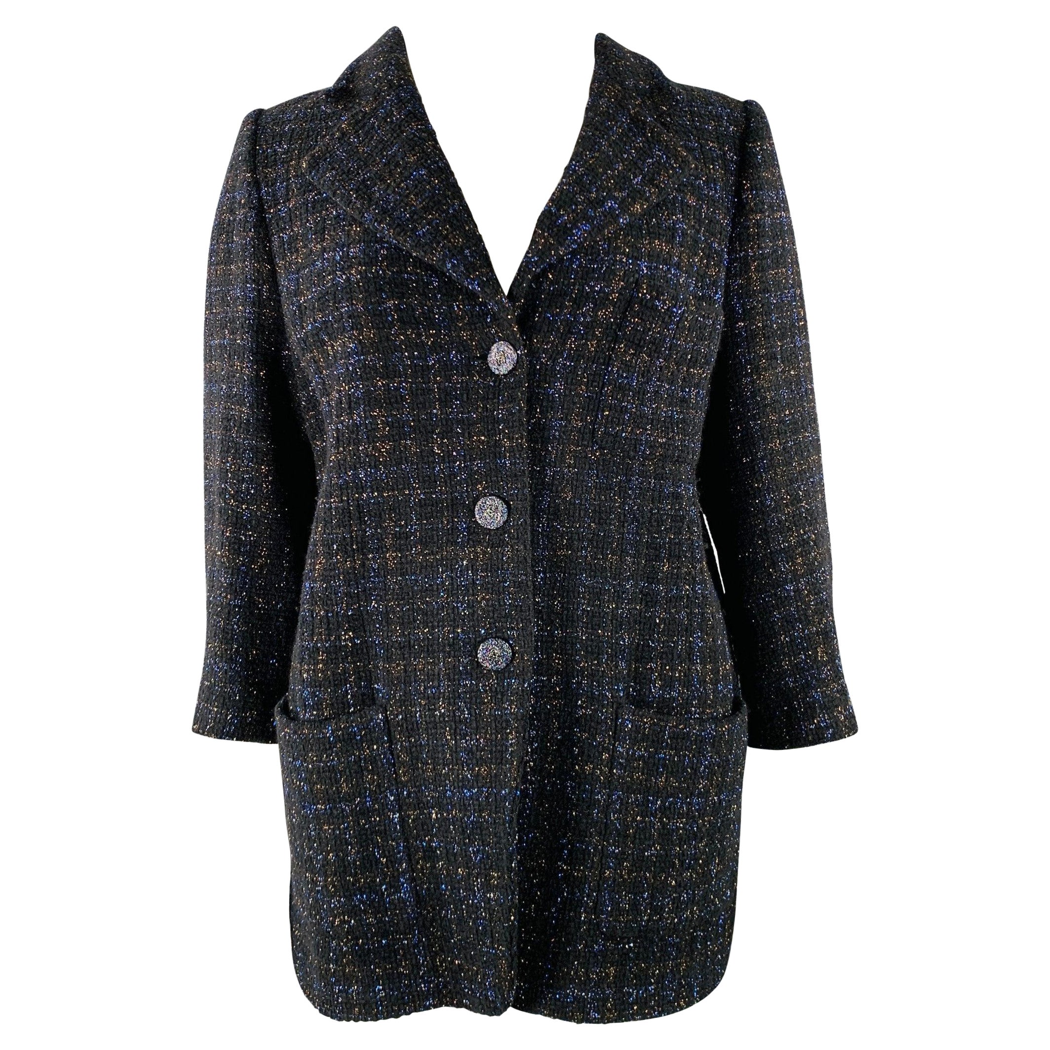 CHANEL Size 18 Black Navy Cotton Blend Shiny 3/4 Sleeves Coat For Sale