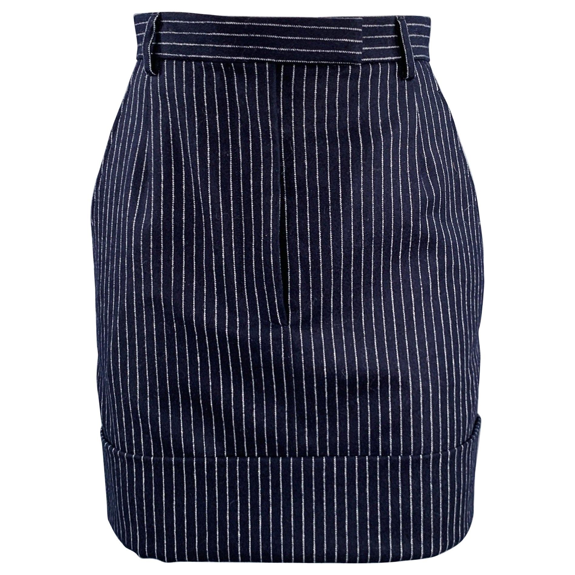 THOM BROWNE Talla 0 Mini falda de rayas diplomáticas de lana y cachemira azul marino y blanca en venta