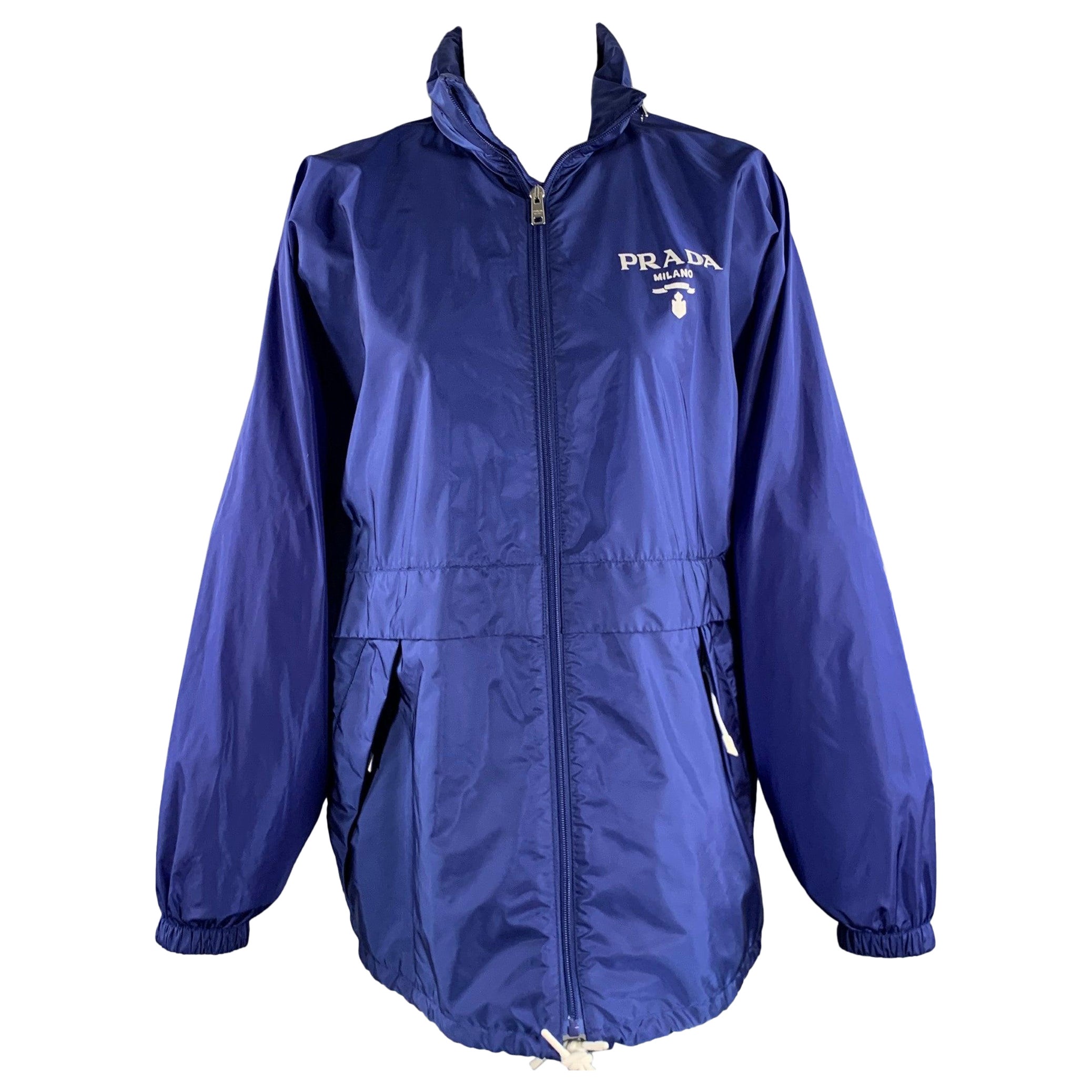 PRADA Size 0 Blue Polyamide Logo Windbreaker Jacket For Sale