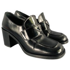 PRADA Size 7.5 Black Leather Penny Loafer Pumps