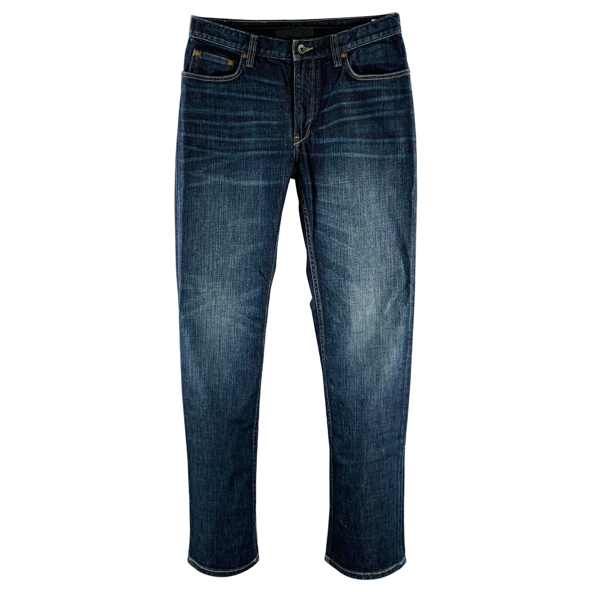 JOHN VARVATOS Size 32 Blue Distressed Cotton Blend Straight Jeans For Sale