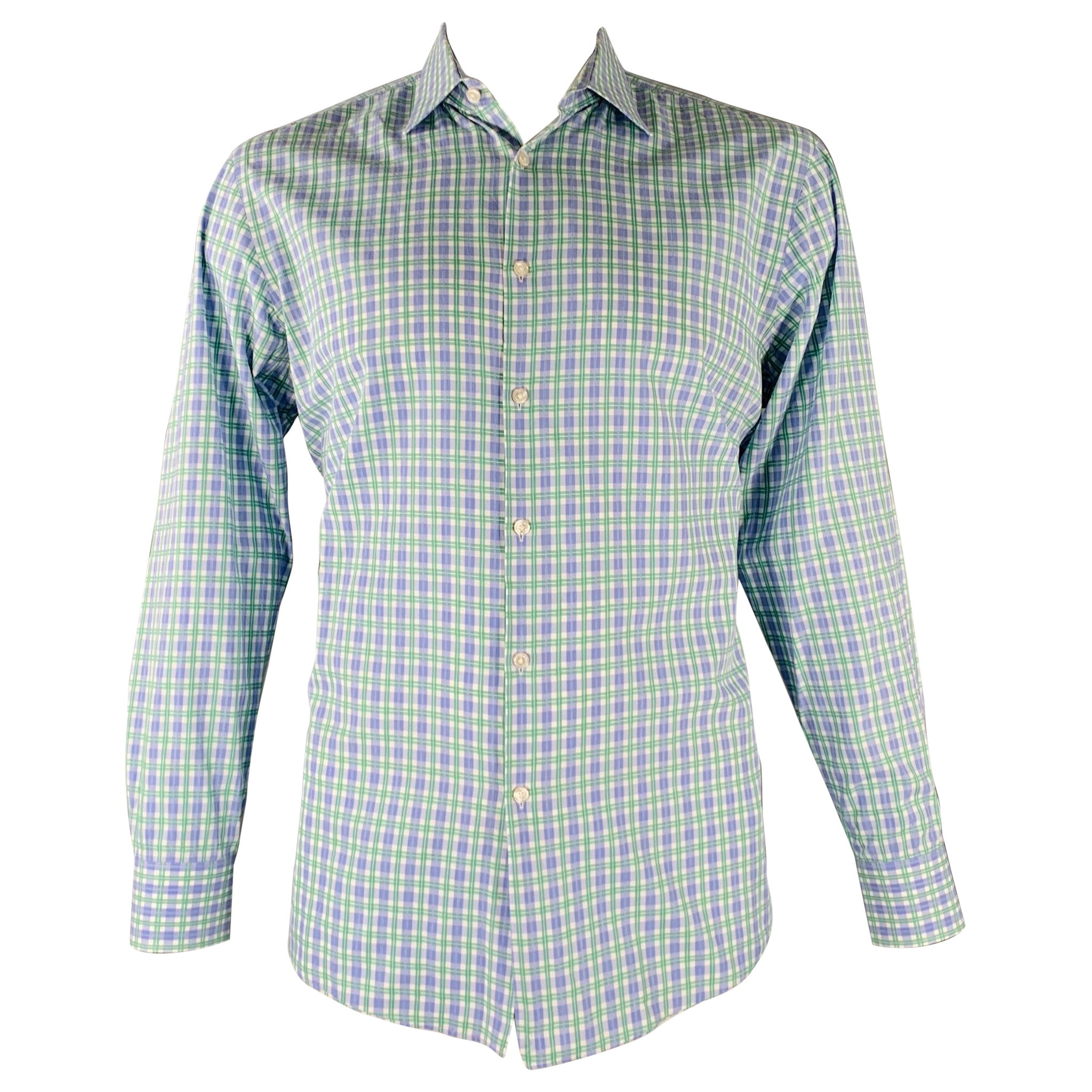HUGO BOSS Size L Blue White Green Checkered Long Sleeve Shirt For Sale