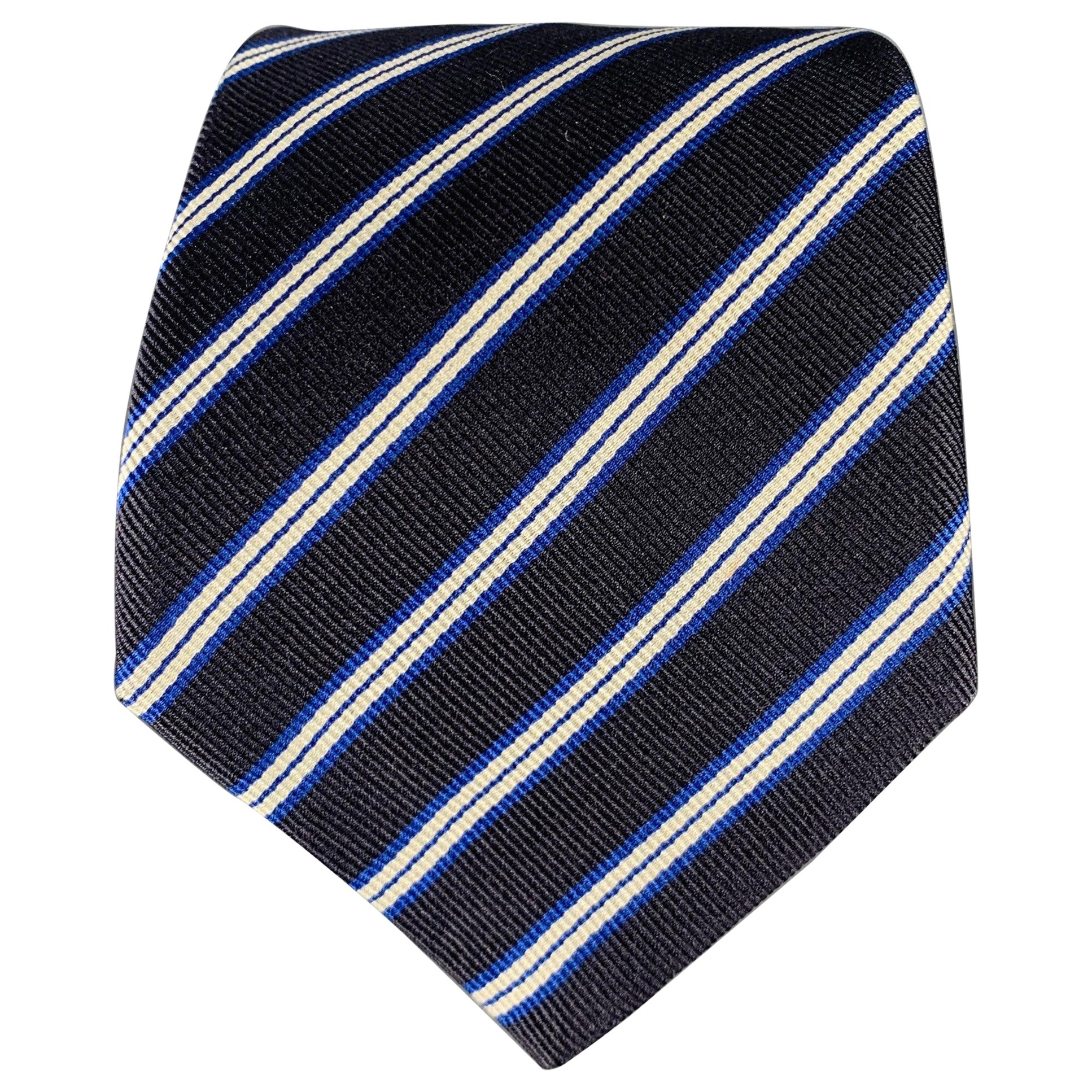VALENTINO Navy White Diagonal Stripe Silk Twill Tie For Sale