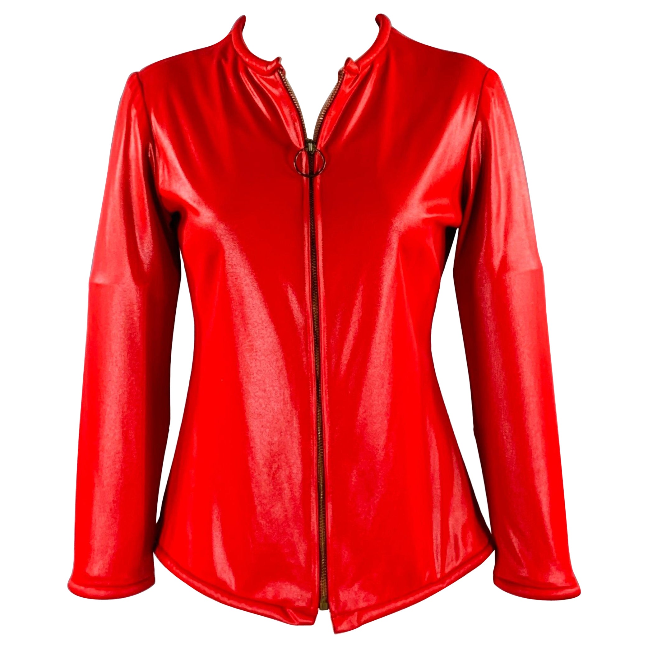 OSCAR DE LA RENTA Size M Red Zip Up Cover-Up Jacket For Sale