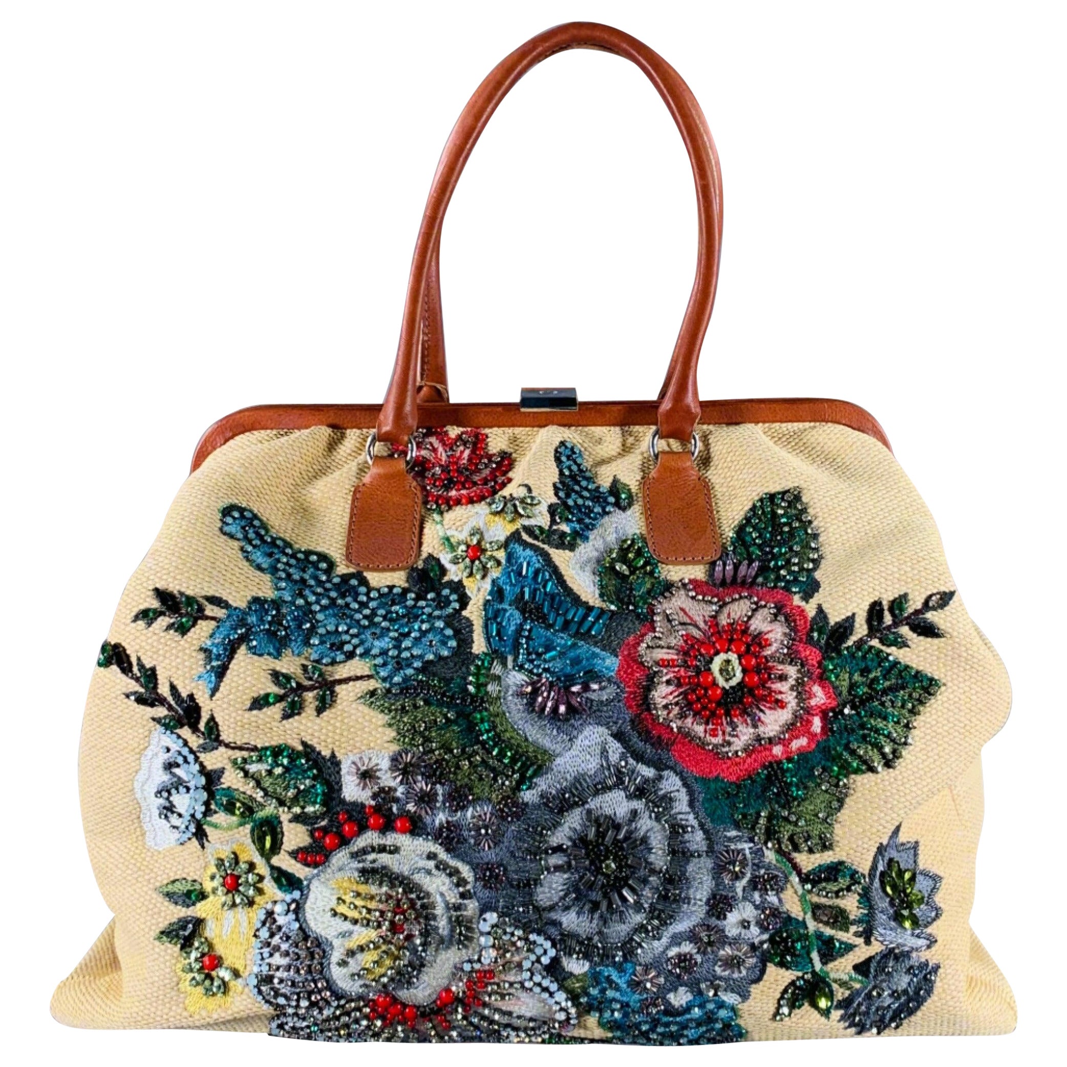 VALENTINO Beige Multi Color Woven Leather Beaded Raffia Handbag