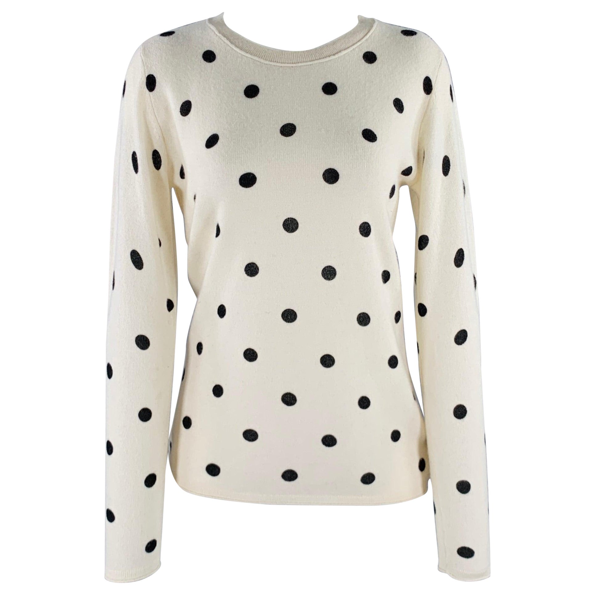NEIMAN MARCUS Size S Beige Black Cashmere Polka Dot Crew Neck Pullover For Sale