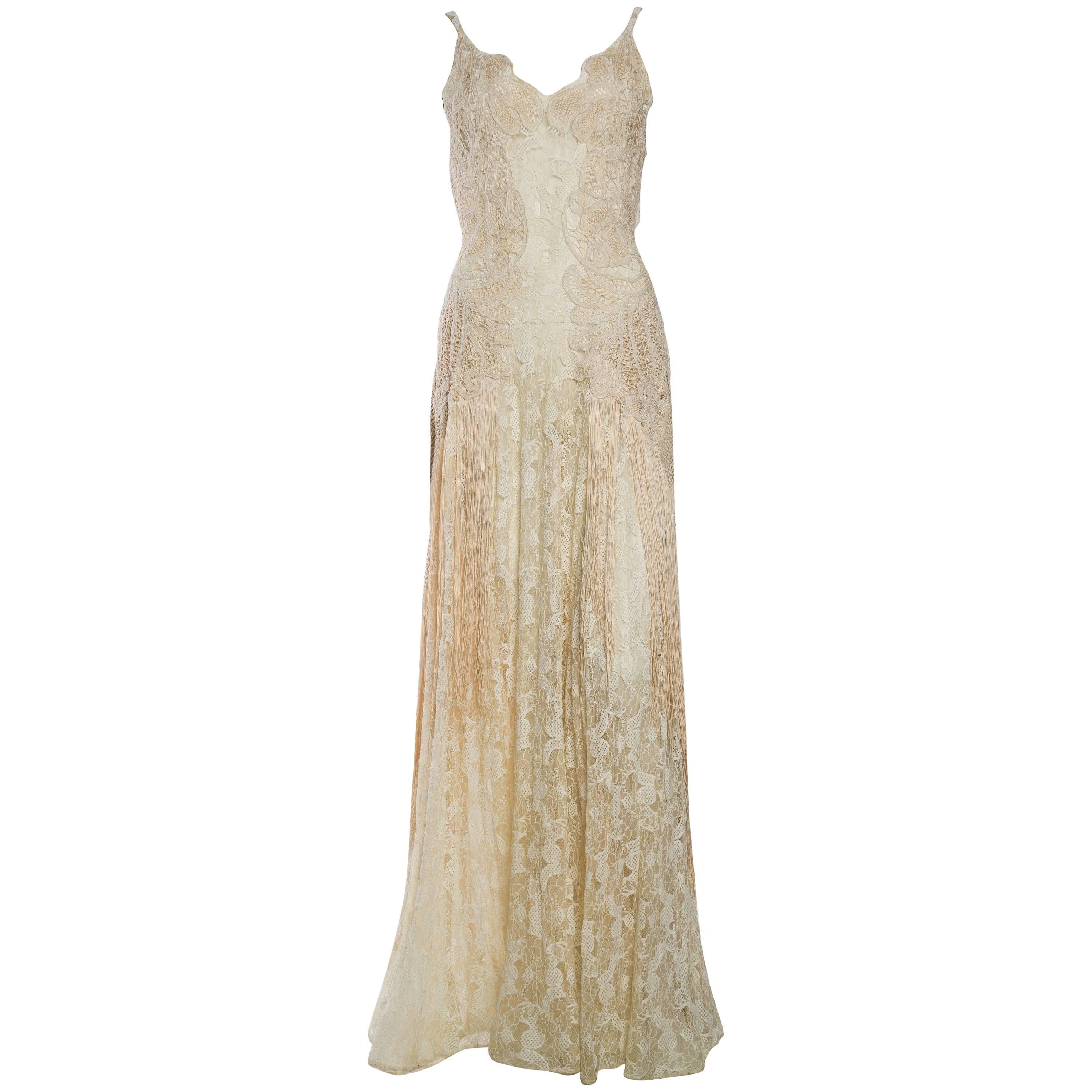 1930s Sheer Silk Lace Gown with Victorian Lace Fringe