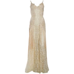 1930s Sheer Silk Lace Gown with Victorian Lace Fringe