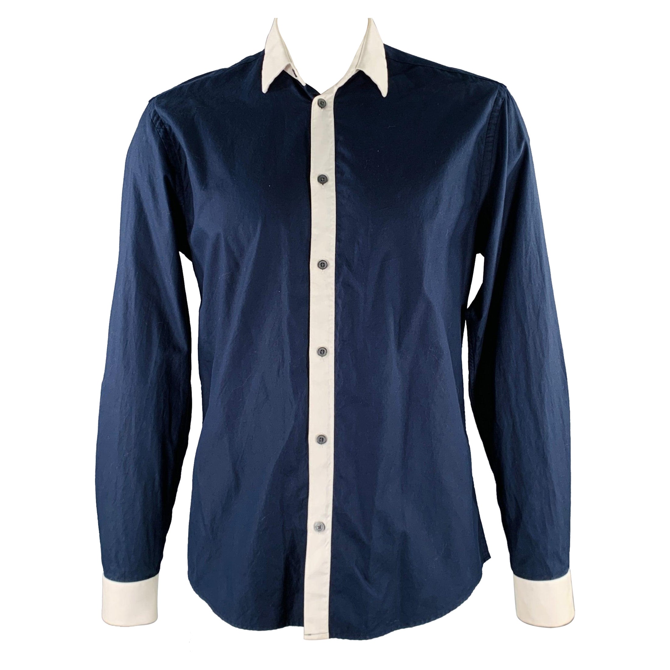 GIVENCHY Size 42 Navy White Contrast Trim Cotton Long Sleeve Shirt For Sale