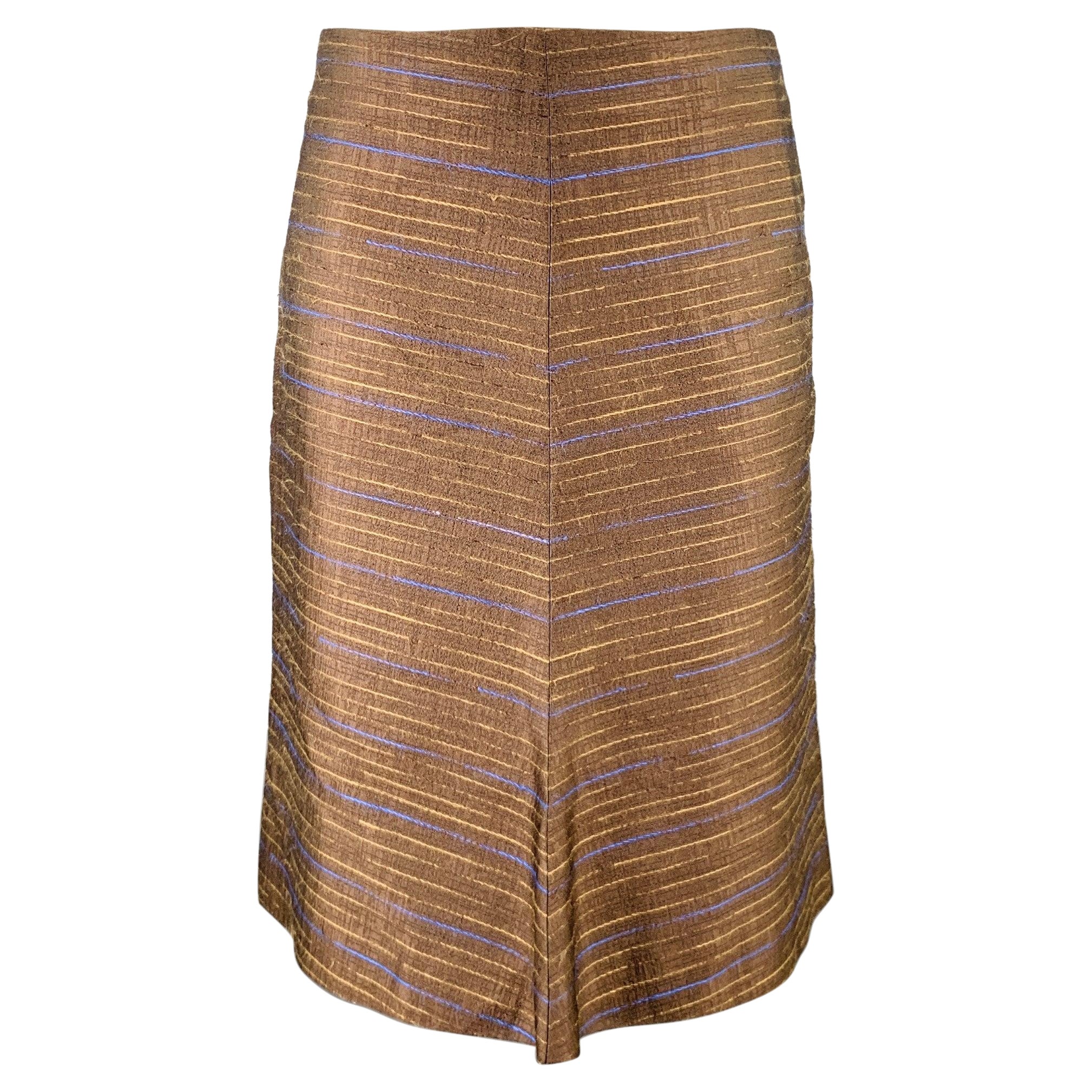 MARNI Size S Brown Blue Tan Silk Stripe A-Line Skirt