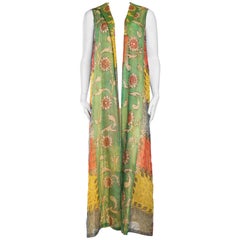 Vintage Hand Painted Silk Maxi Vest with Gold Embroidery