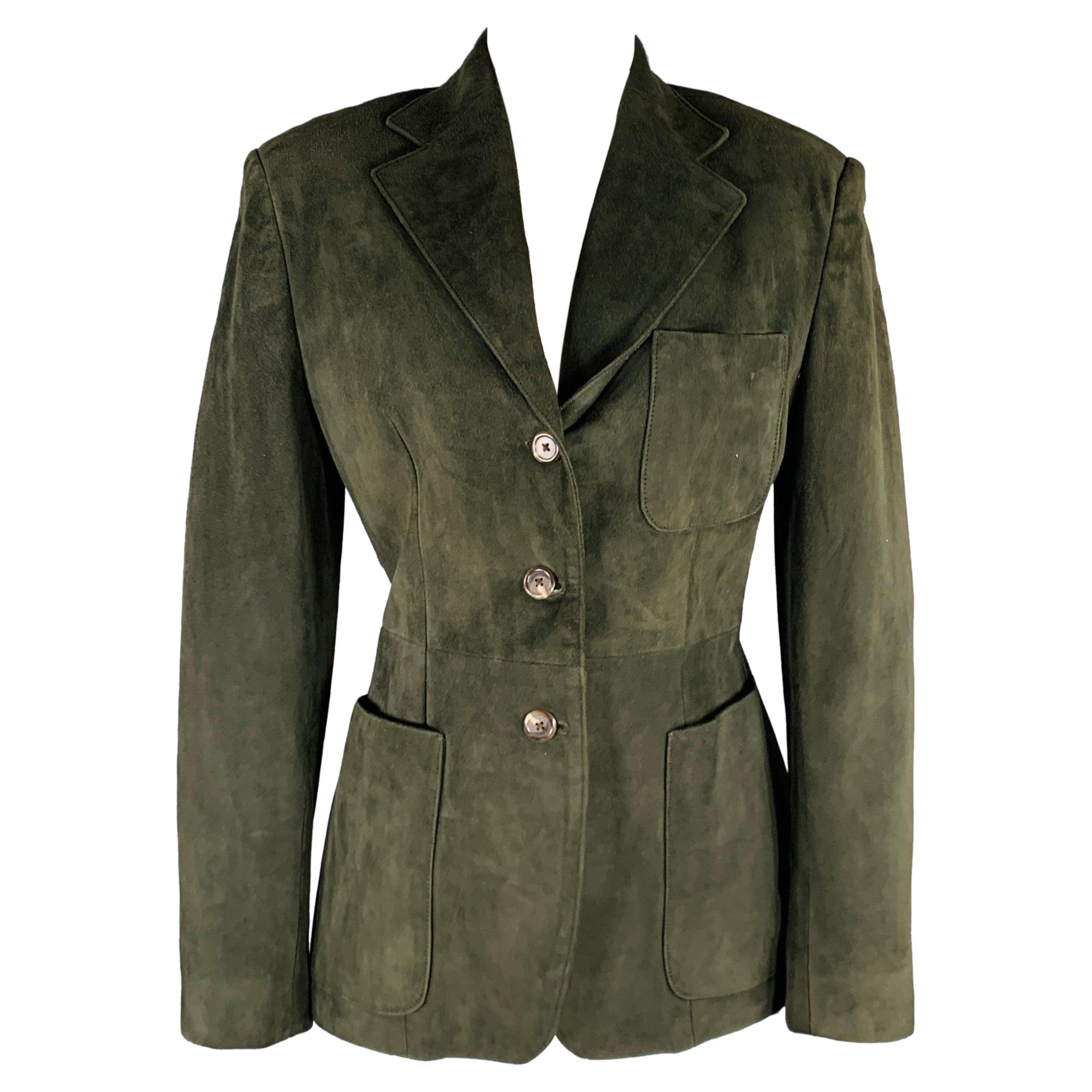 RALPH LAUREN Größe 6 Grüne plissierte einreihige Wildlederjacke aus Wildleder im Angebot