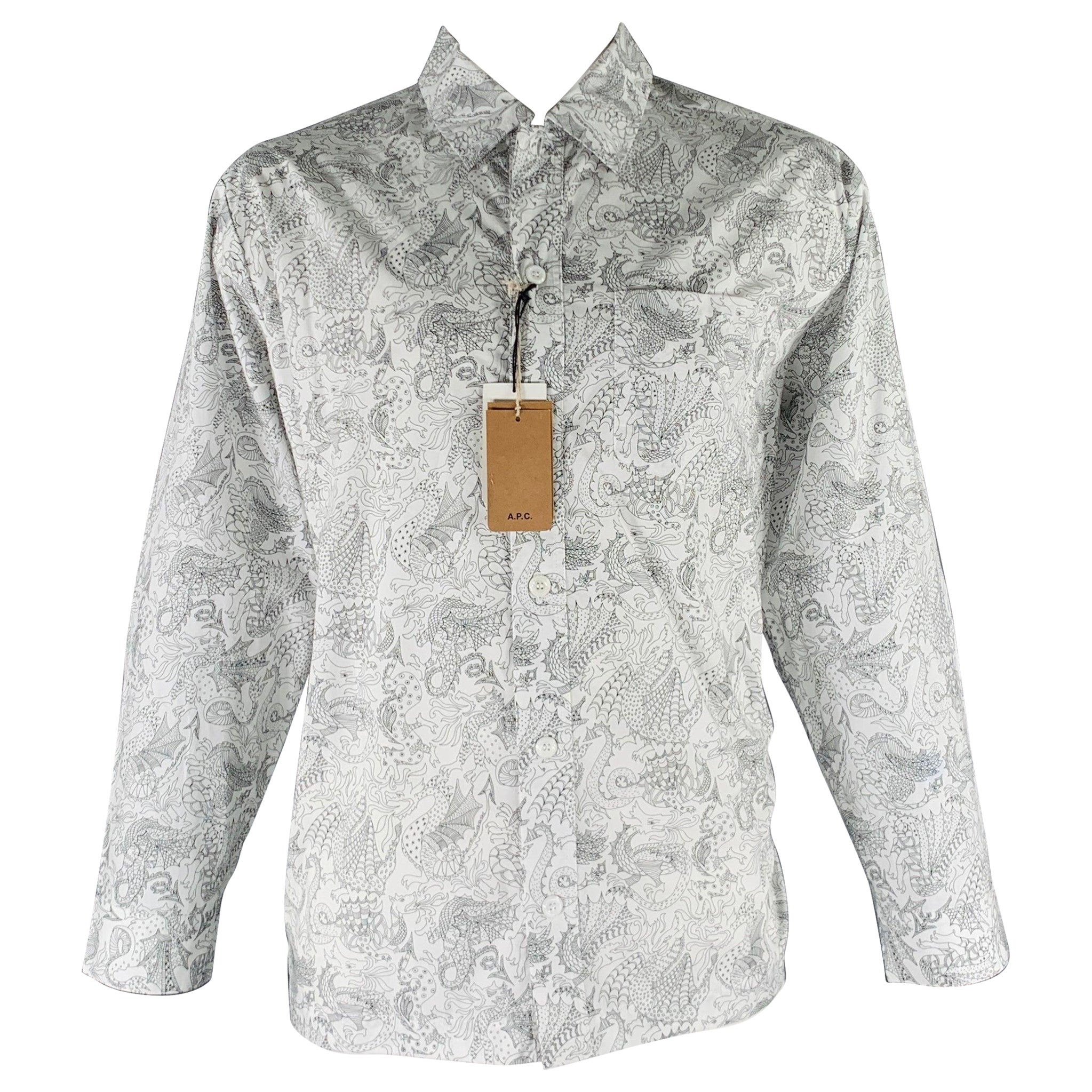A.P.C. Size L White Black Dragons Print Cotton Long Sleeve Shirt For Sale