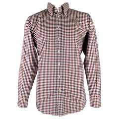 ETRO Size L Navy Burgundy Checkered Cotton Button Up Long Sleeve Shirt (Chemise à boutons à manches longues en coton)