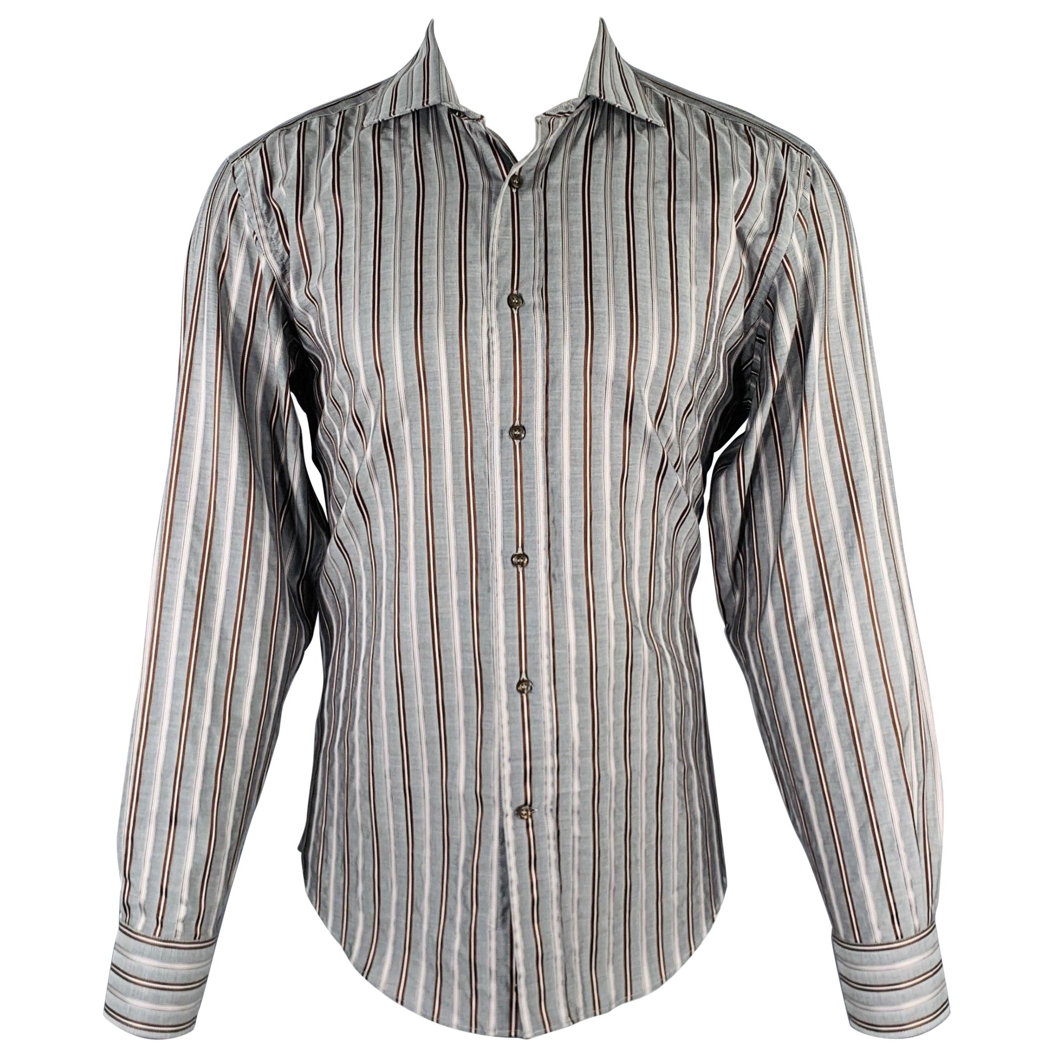 ETRO Size M Grey Stripe Cotton Button Up Long Sleeve Shirt