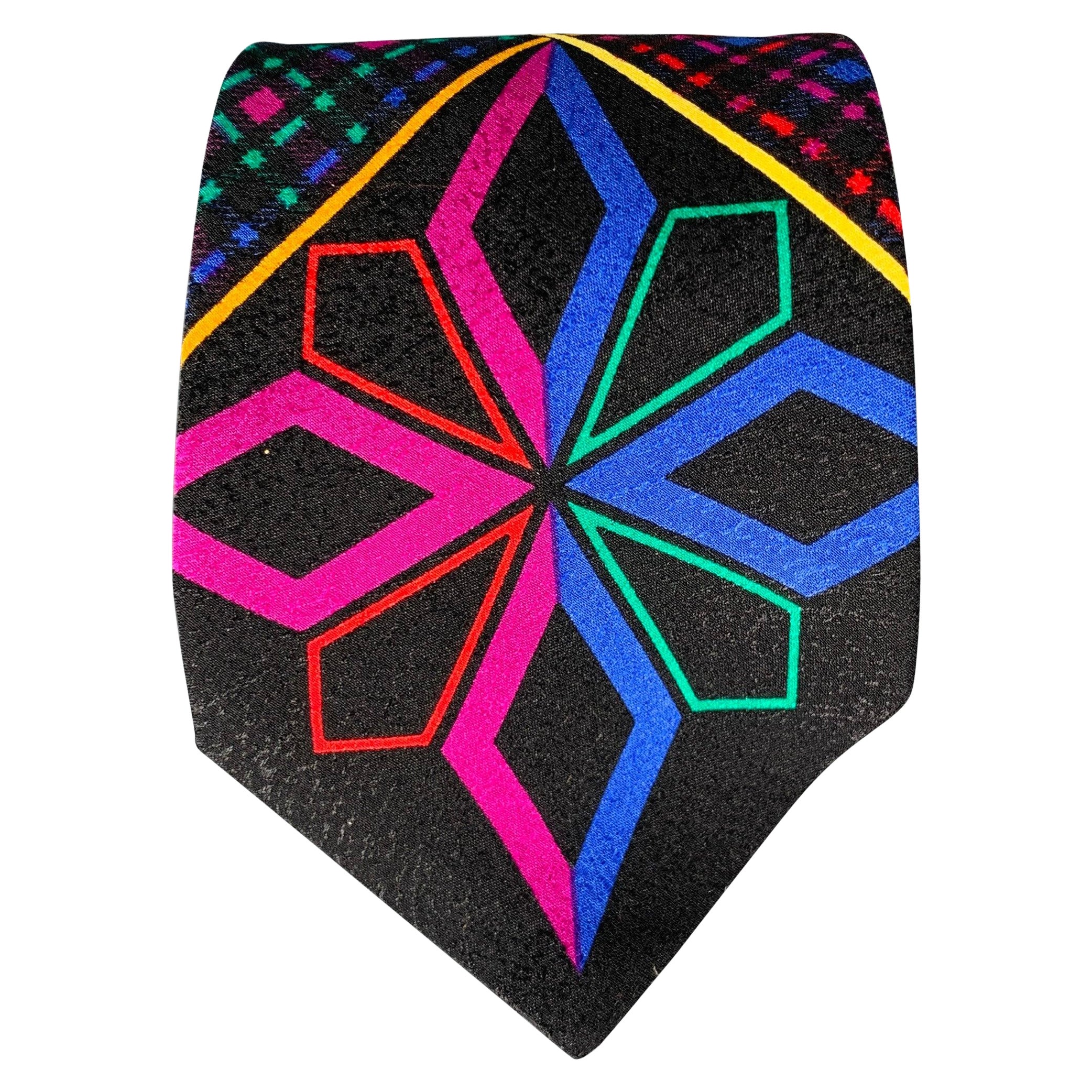 GIANNI VERSACE Black Multi Color Diamond Silk Tie For Sale