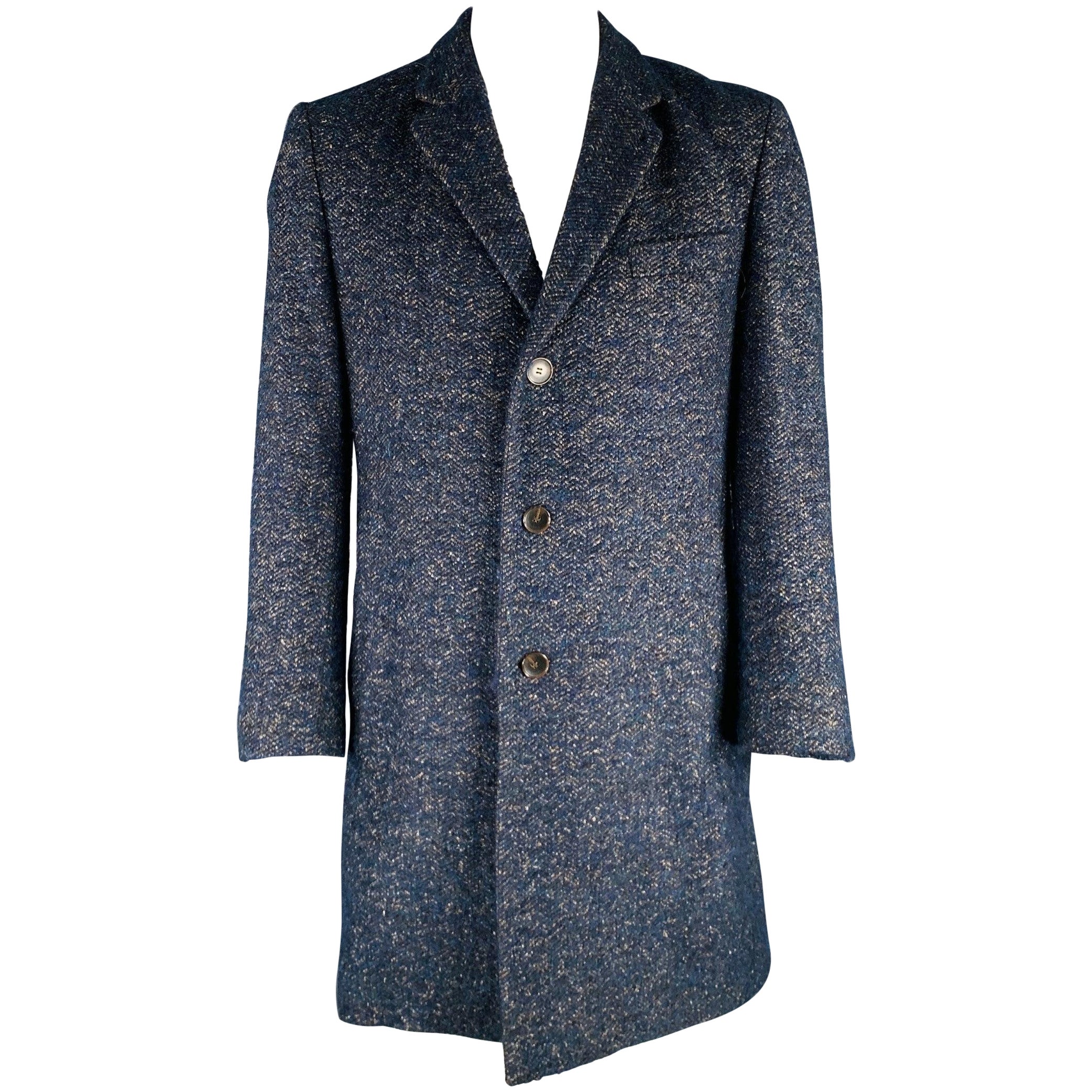 HUGO BOSS Size 42 Navy Taupe Nailhead Virgin Wool Blend Coat For Sale