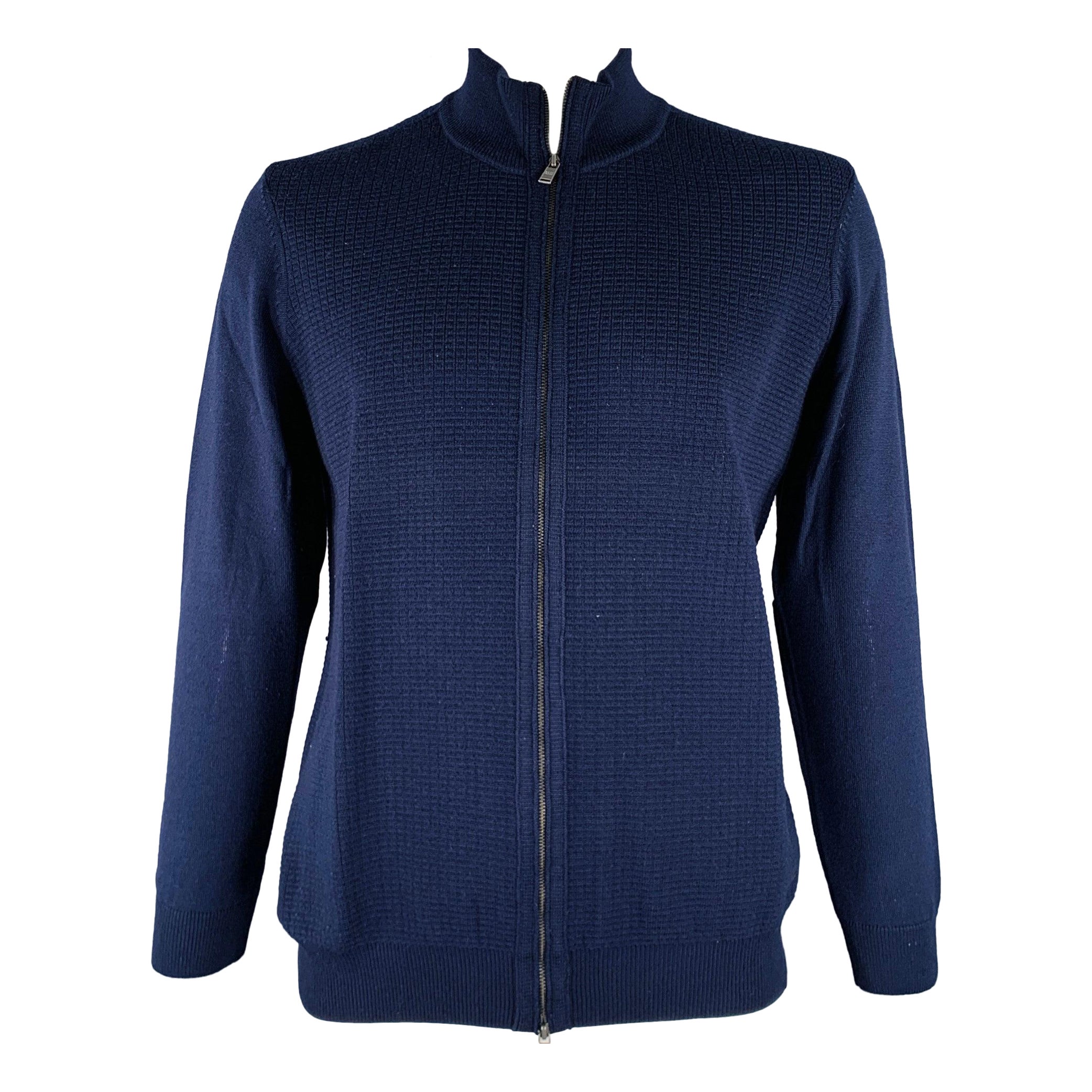 HUGO BOSS Size XL Navy Knit Wool Zip Up Cardigan For Sale