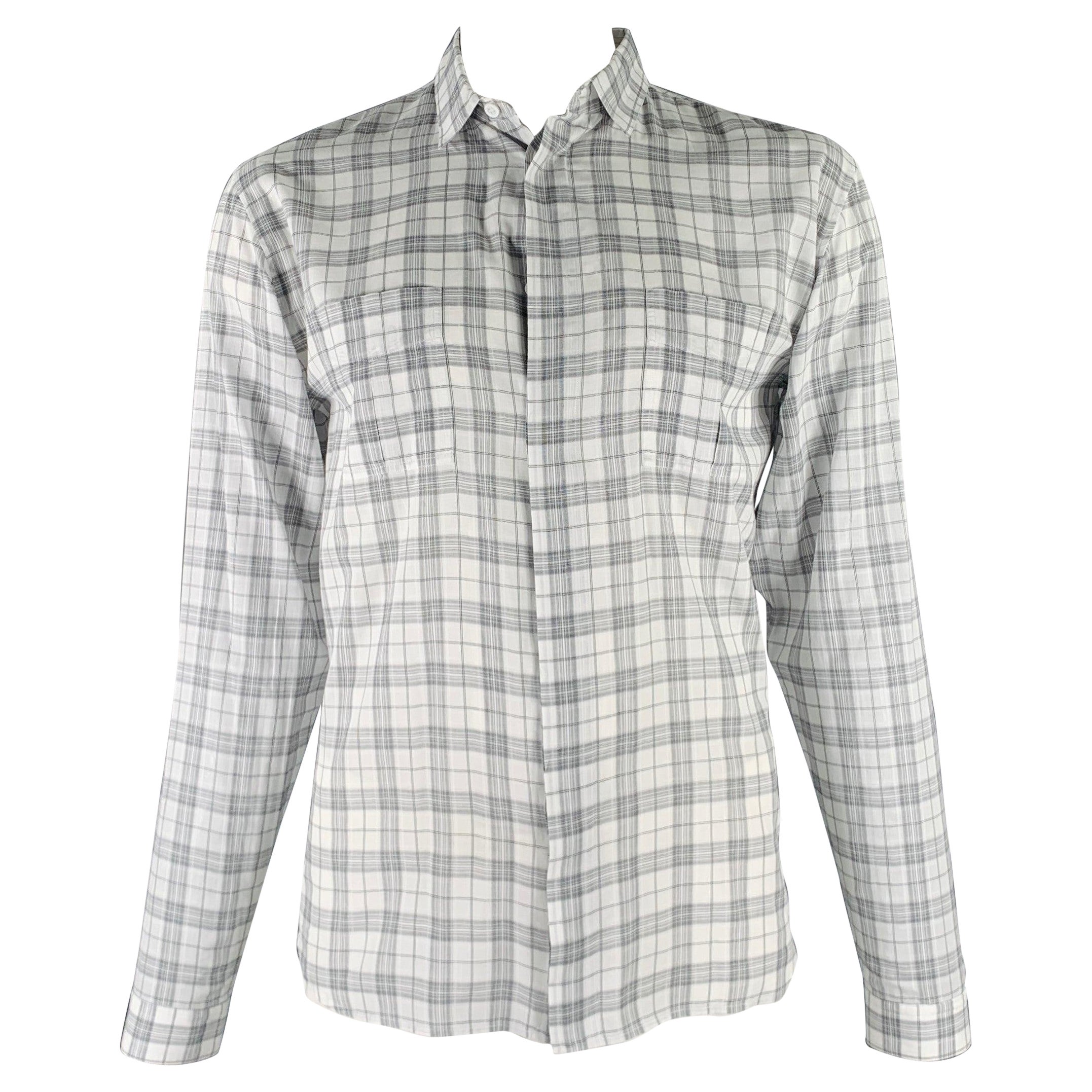 DIOR HOMME Size L White Grey Plaid Cotton Button Up Long Sleeve Shirt For Sale