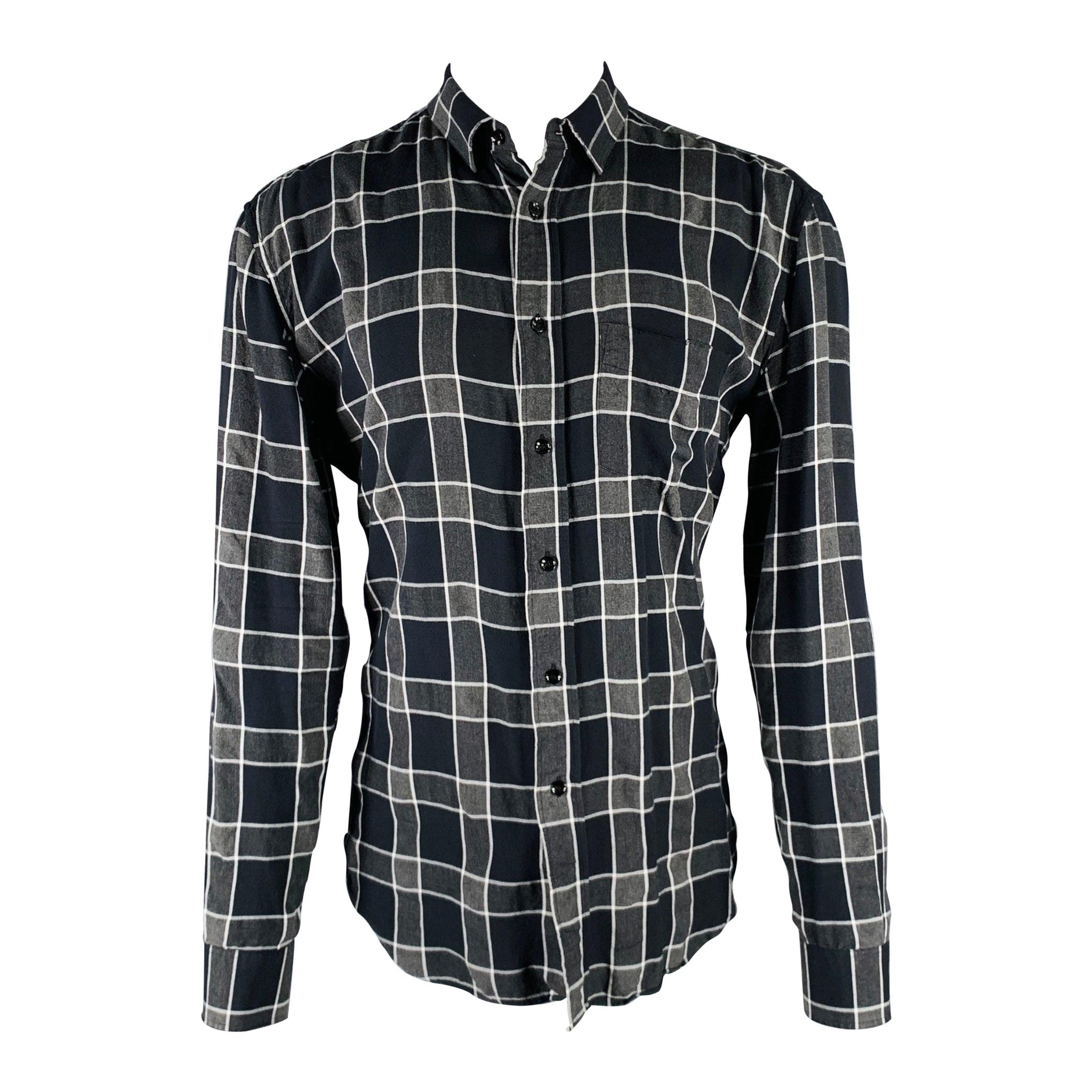 SAINT LAURENT Size M Grey Black White Plaid Tencel Viscose Long Sleeve Shirt For Sale