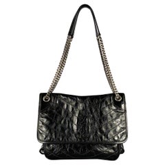 SAINT LAURENT Black Silver Chevron Leather Shoulder Bag Handbag