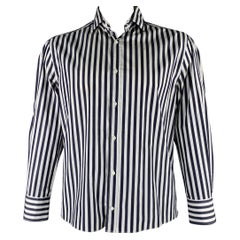 BRUNELLO CUCINELLI Taglia XXXL Camicia a maniche lunghe in cotone a righe bianche e marine