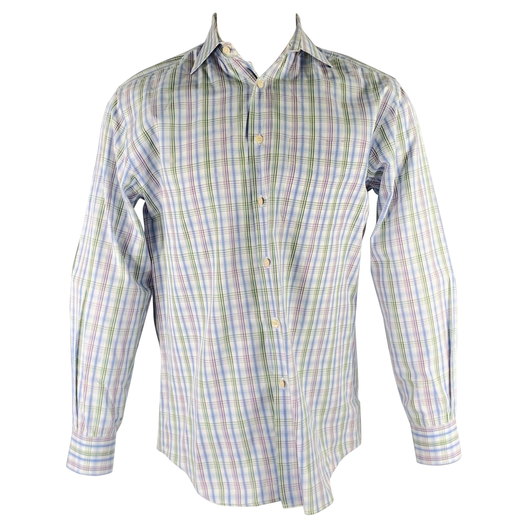 PAUL SMITH Size S White Blue Green Plaid Cotton Button Up Long Sleeve Shirt For Sale