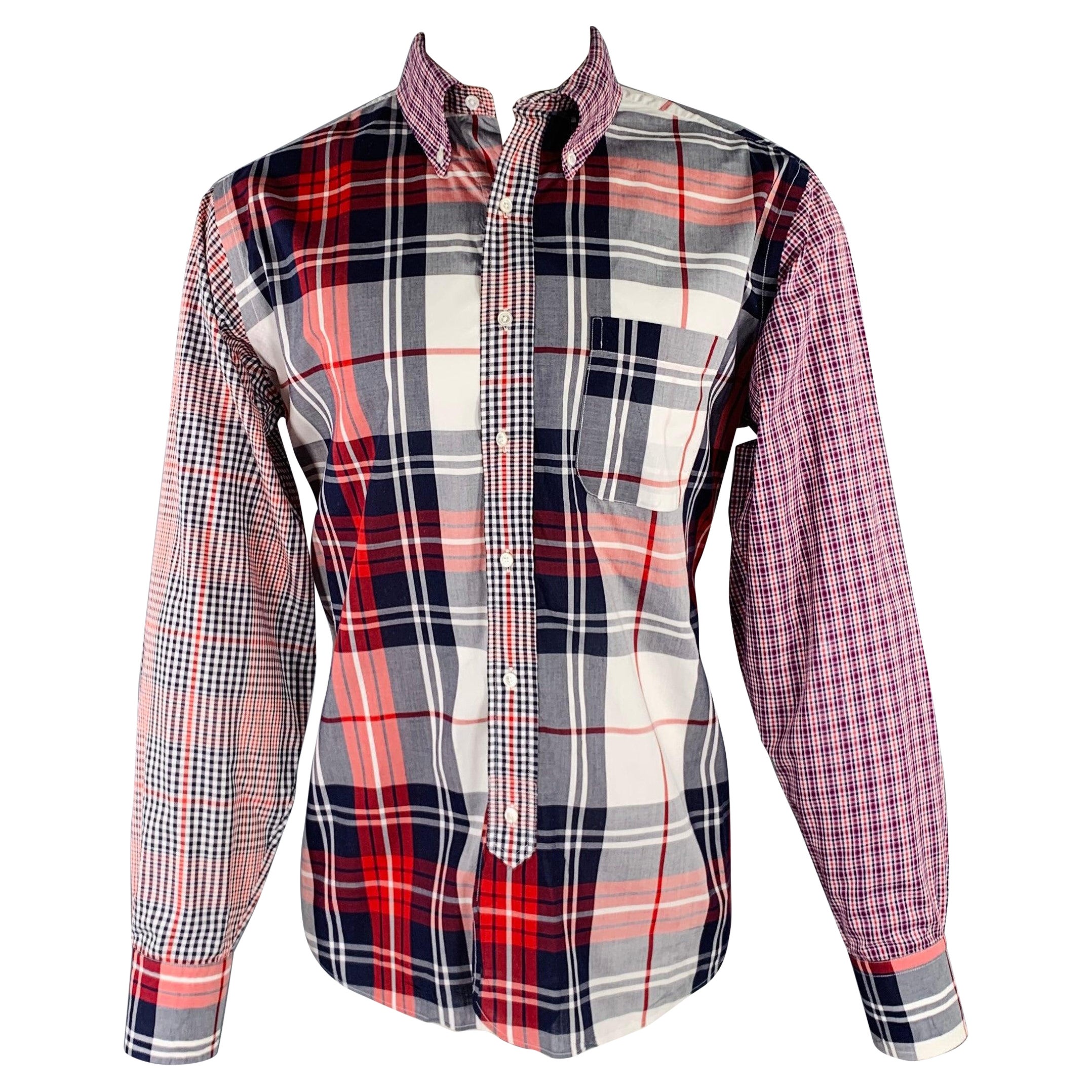 BLACK FLEECE Size M Red White Blue Plaid Cotton Button Down Long Sleeve Shirt For Sale