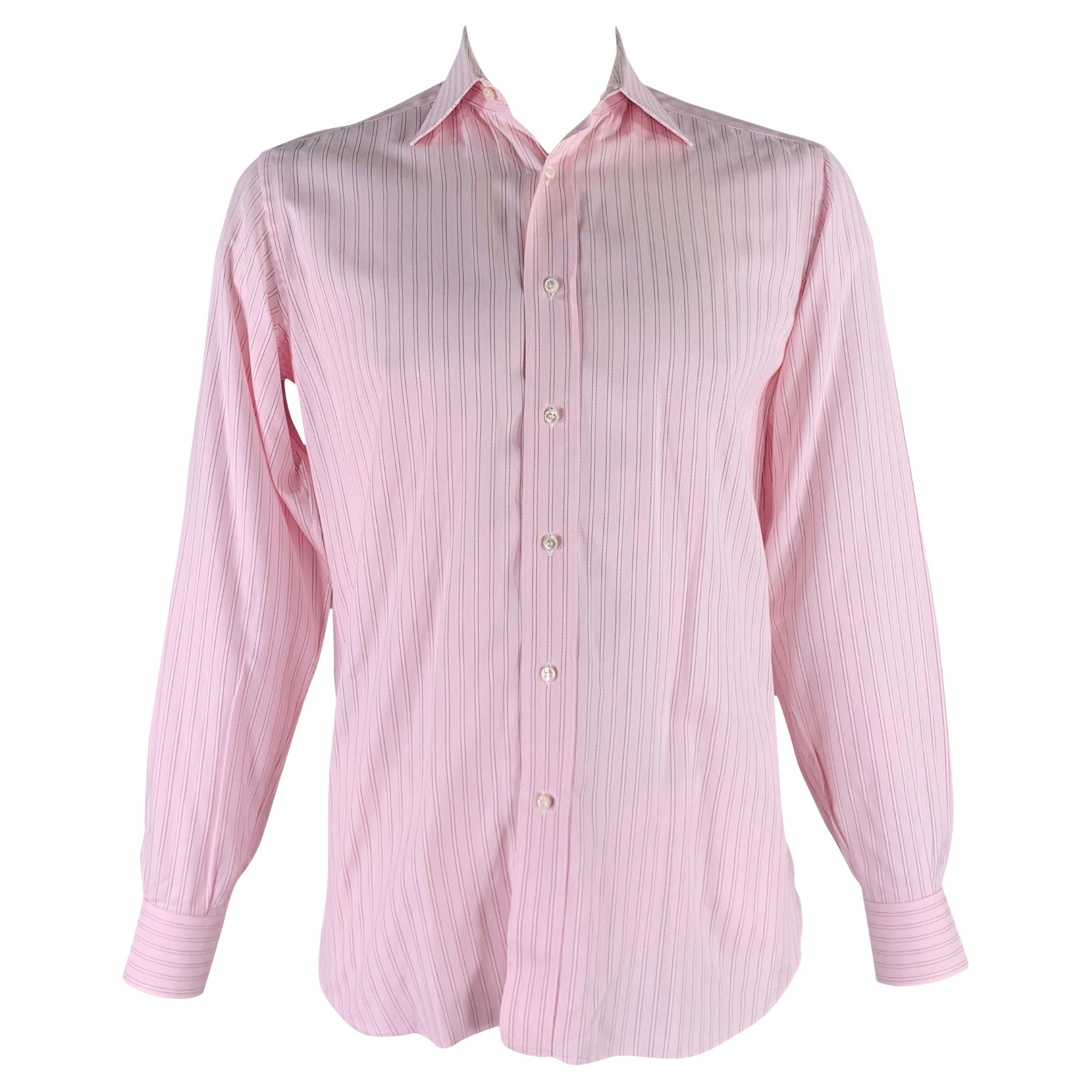 BRIONI Size L Pink Stripe Cotton Button Up Long Sleeve Shirt